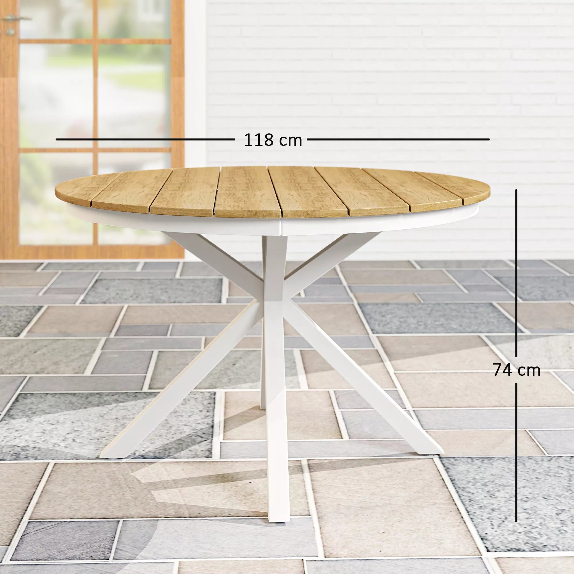 Sodo stalas Ø118 cm, atsparus atmosferos poveikiui, aliuminis balkono stalas, pagalbinis stalas su kryžminėmis kojomis, lentų dizainas, tiko mediena