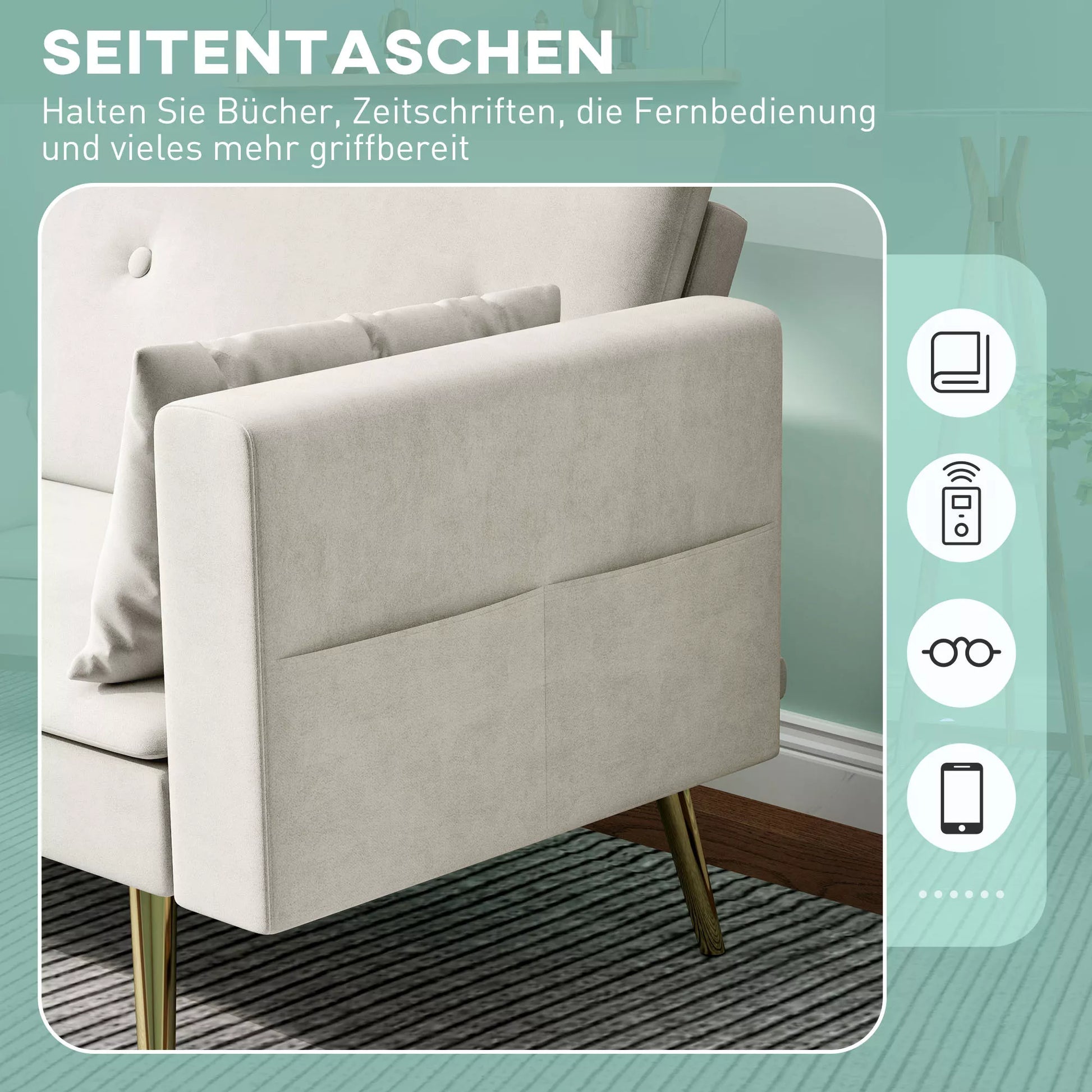 2 vietų sofa-lova, reguliuojama atlošas, minkštos pagalvės, aksominis gobelenas, svetainei, svečių kambariui, smėlio spalvos