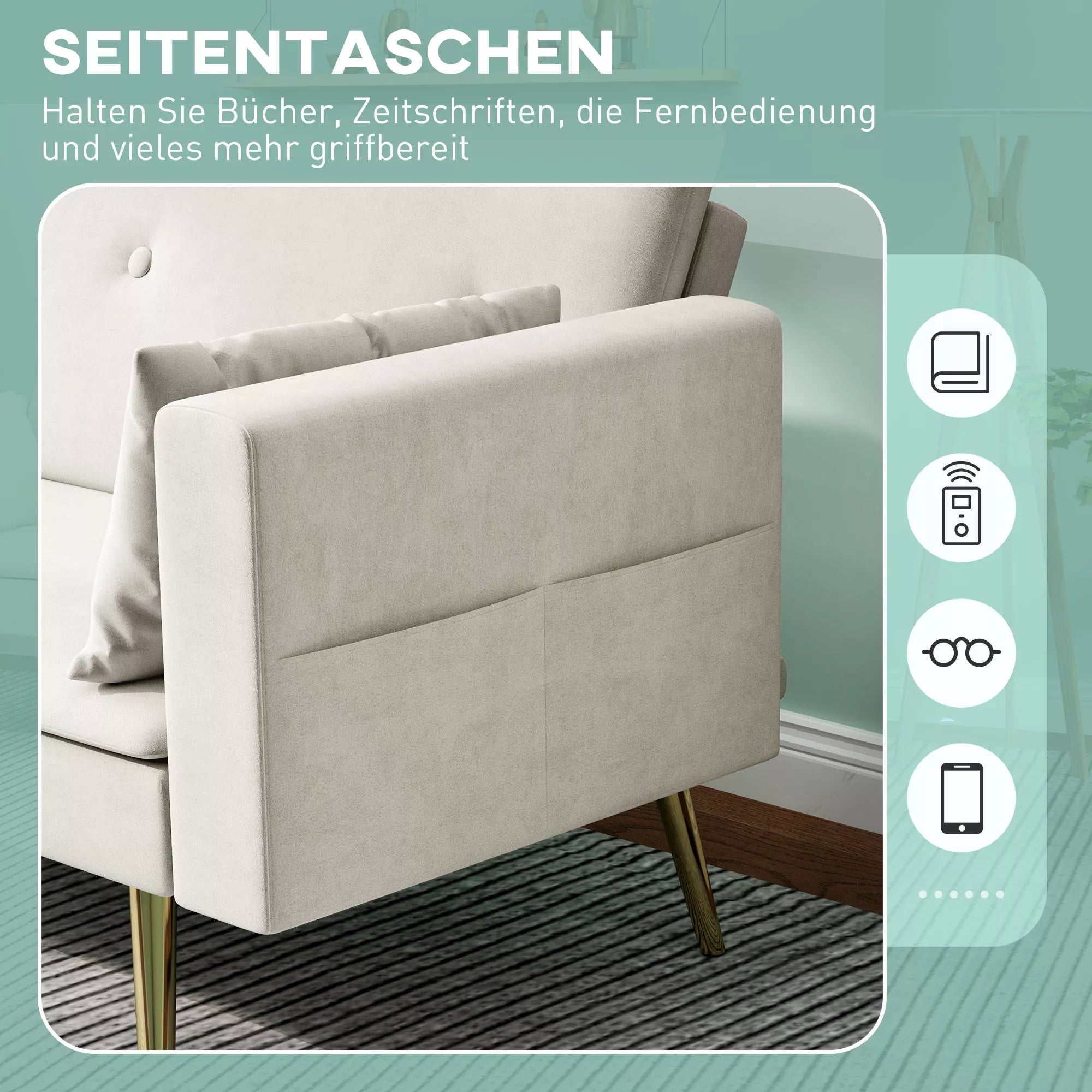 2 vietų sofa-lova, reguliuojama atlošas, minkštos pagalvės, aksominis gobelenas, svetainei, svečių kambariui, smėlio spalvos