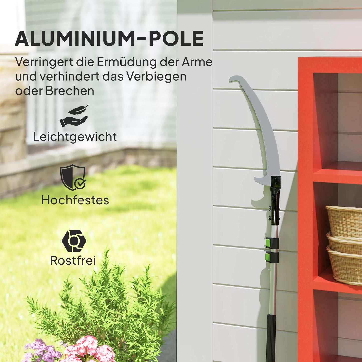 Teleskopinė šakų pjūklė 1,5–2,6 m su fiksavimo mechanizmu, teleskopine rankena, nelimpančia danga dengtu ašmenimis, juoda