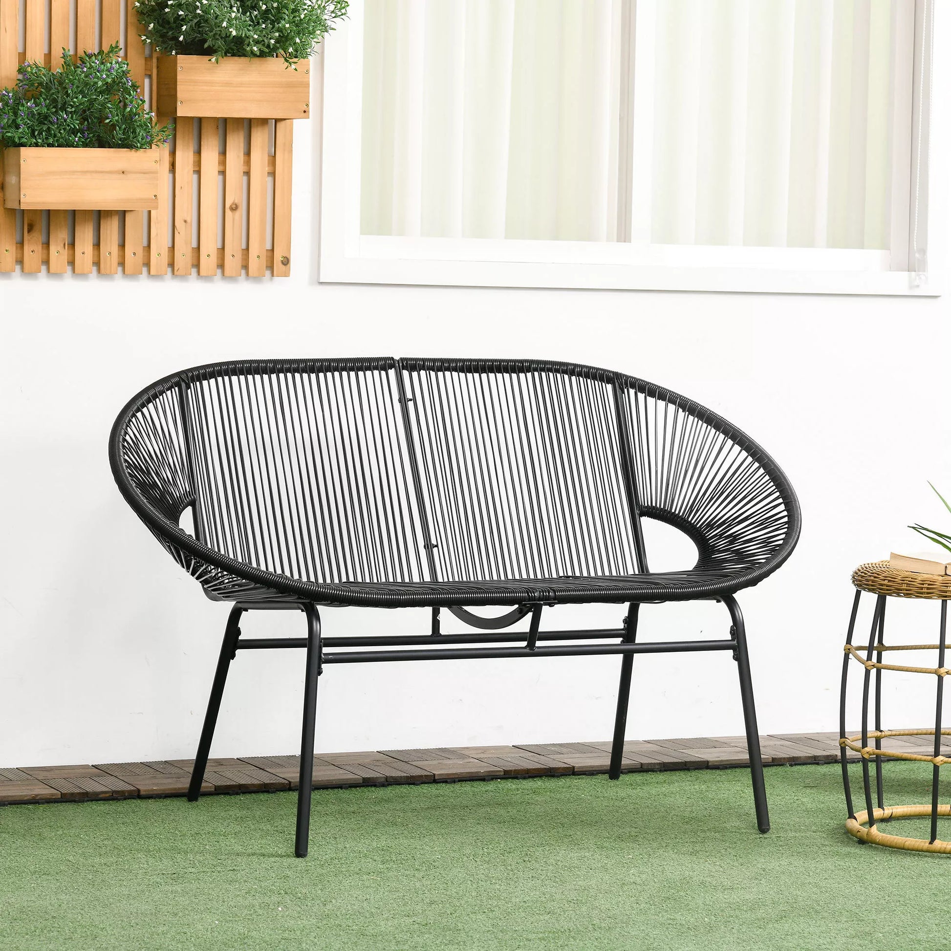 Rattaninis fotelis Boho stiliaus poilsio fotelis, 132 cm x 72 cm x 83 cm, juodas