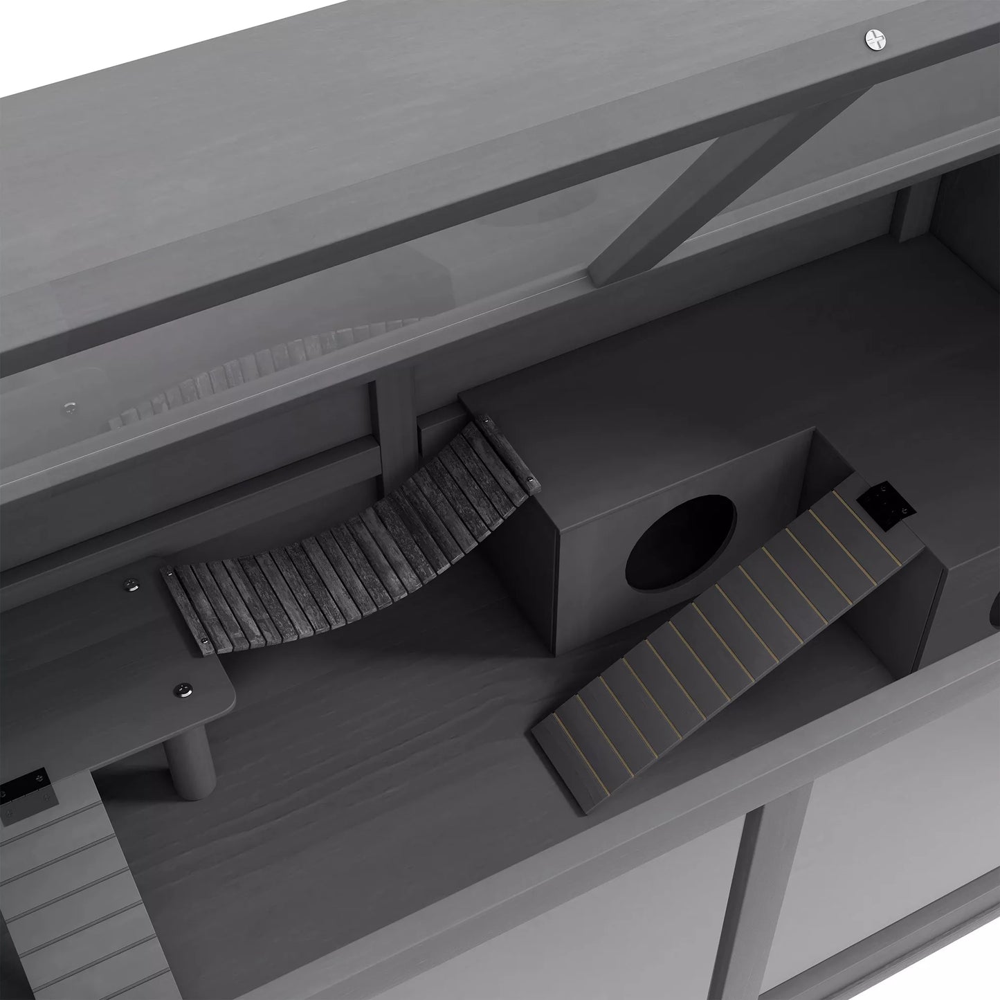 Smulkaus gyvūnėlio ir graužikų narvas su priedais, eglės mediena, 100 cm x 52 cm x 50 cm, pilkas