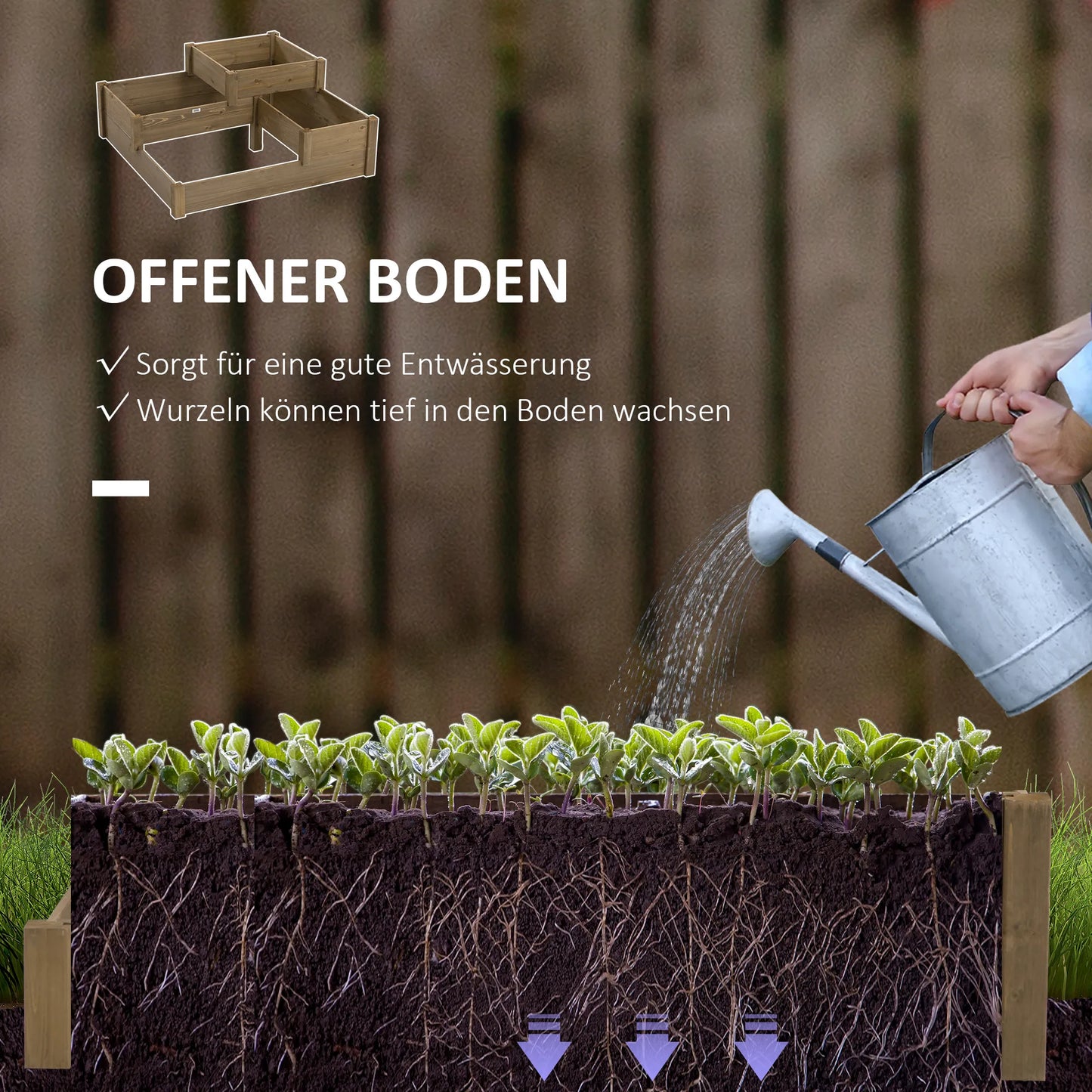 Paaukštinta lysvė, 4 sodinimo loveliai ant 3 pakopų, atsparus oro sąlygoms, medžio masyvas, 122 cm x 122 cm x 51 cm, natūralus