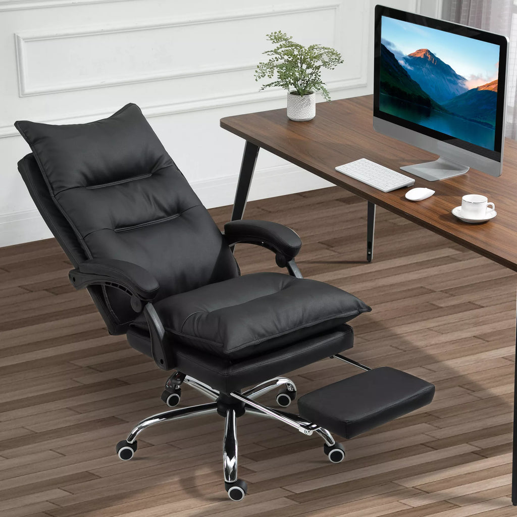 Biuro kėdė Ergonomiška darbo kėdė su porankiais, atrama kojoms, aukščio reguliuojama sukiojama kėdė iš dirbtinės odos, paminkštinta kompiuterio kėdė, juoda