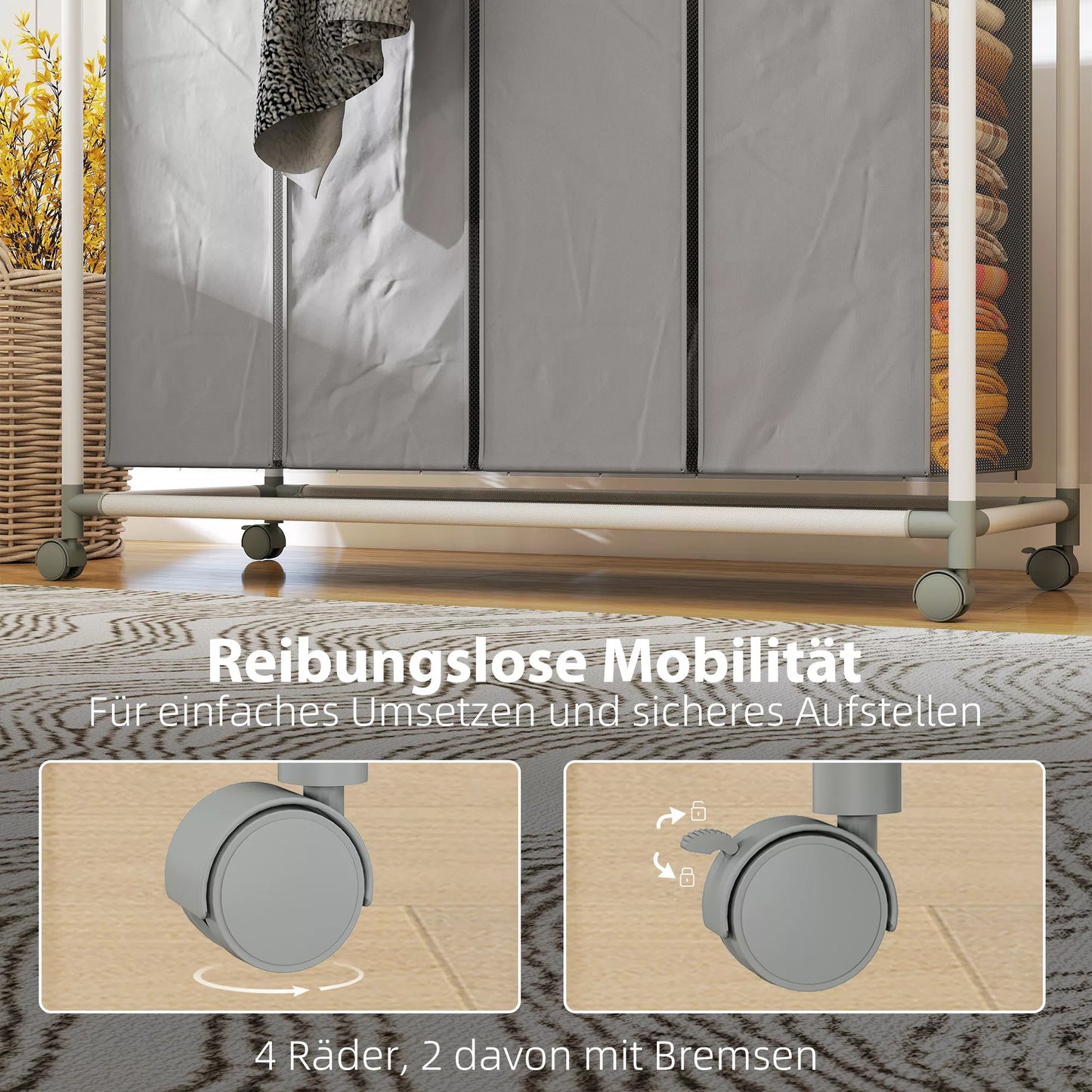 Skalbiarnių krepšys su 4 skyriais 160 L, surinktuvas su ratukais, išimama skalbinių talpykla, 97 x 38 x 81 cm, pilkos spalvos.