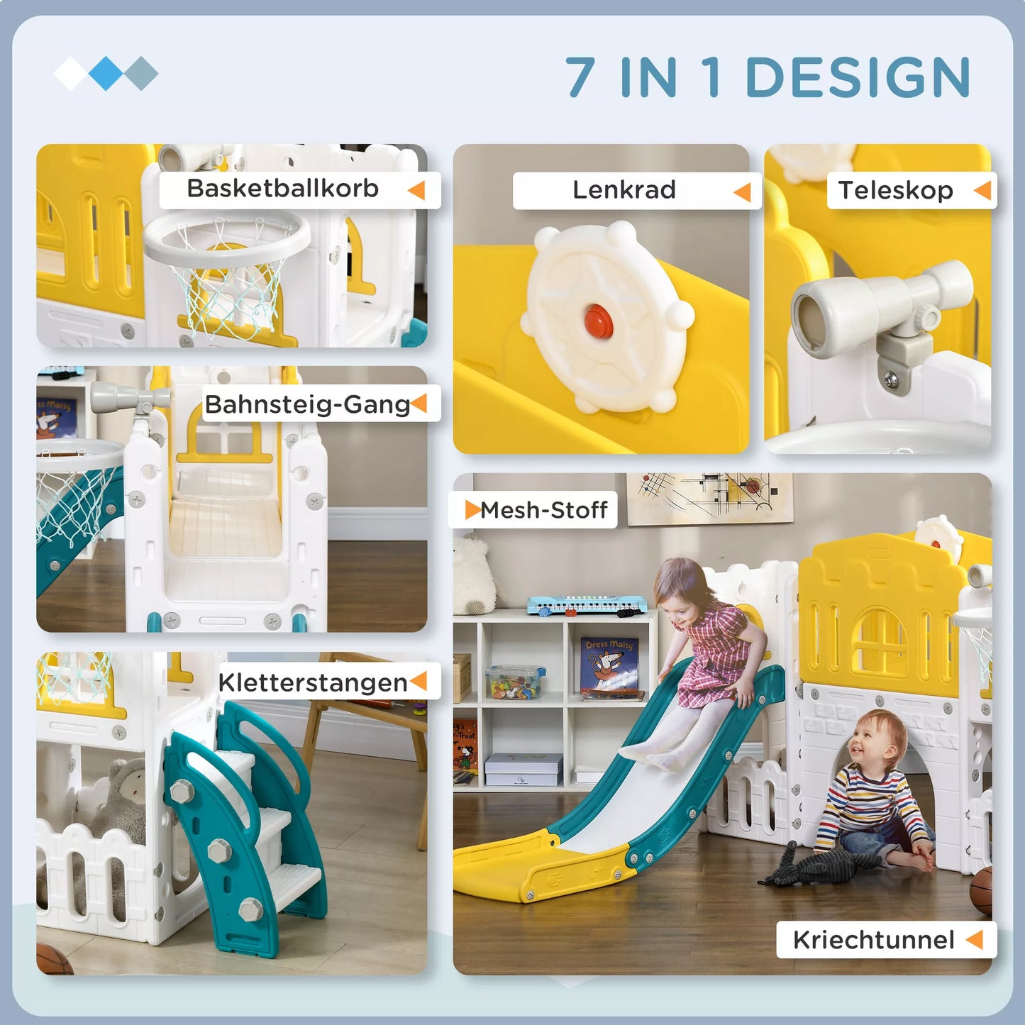 Vaikiška čiuožykla, 7 viename žaidimų kompleksas, su krepšinio lenta ir vairu, 1-3 metų vaikams, 178x177x99cm, Geltona/Balta/Žalia