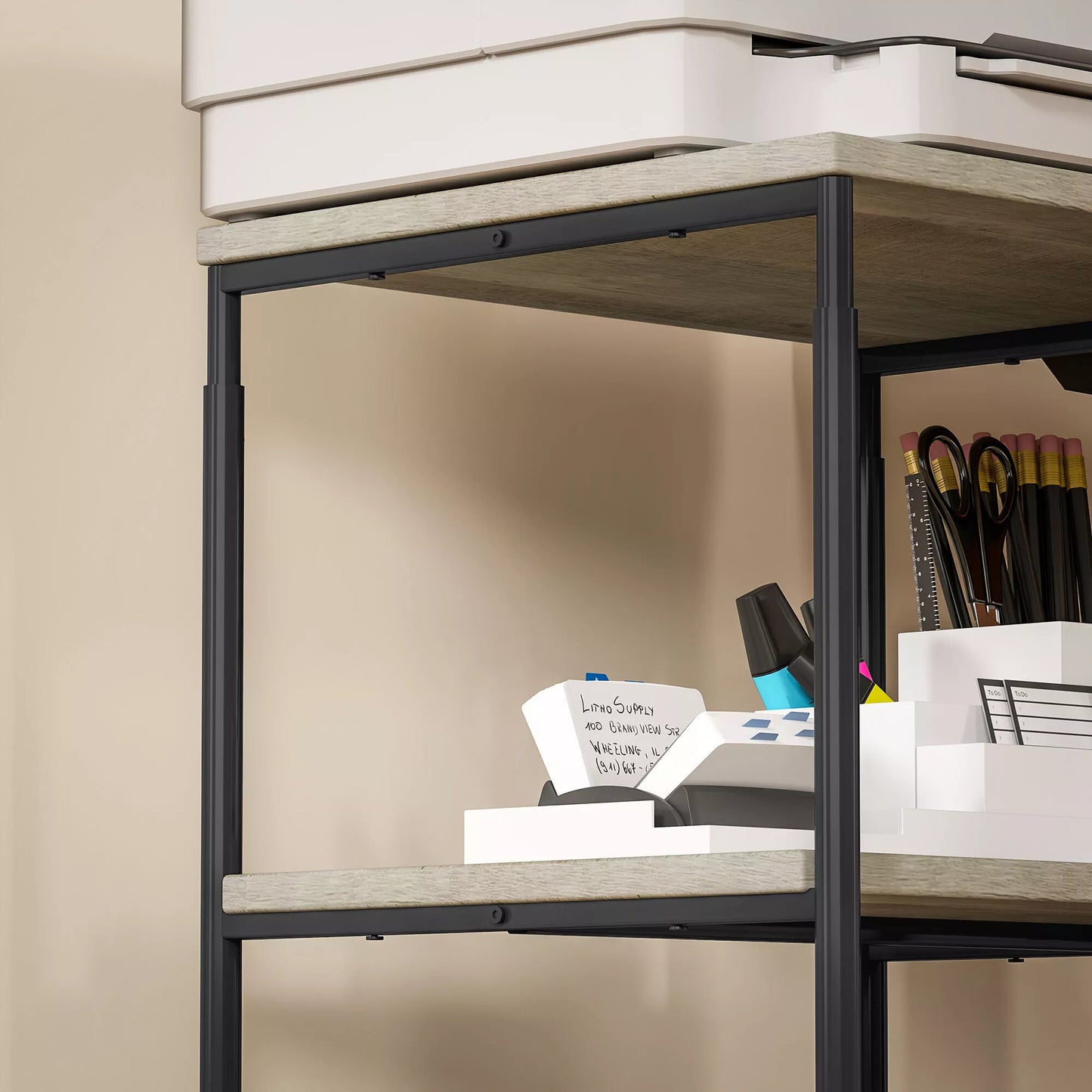 Spausdintuvo stovas su 3 lentynomis, reguliuojamo aukščio, mobilus spausdintuvo vežimėlis su ratukais, namų biurui, metalo ir medžio