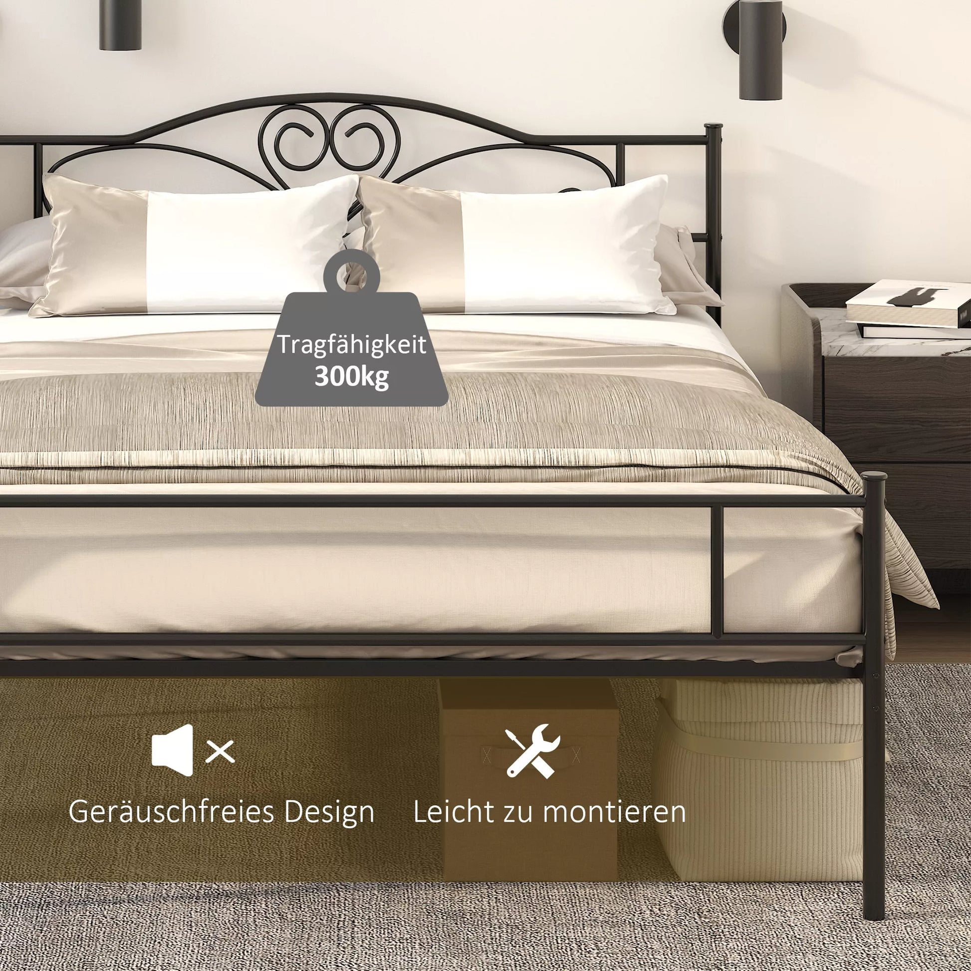 Metalinis lovos rėmas su galvūgalio dalimi, 300 kg apkrova, 145L x 211B x 106H cm, juodas