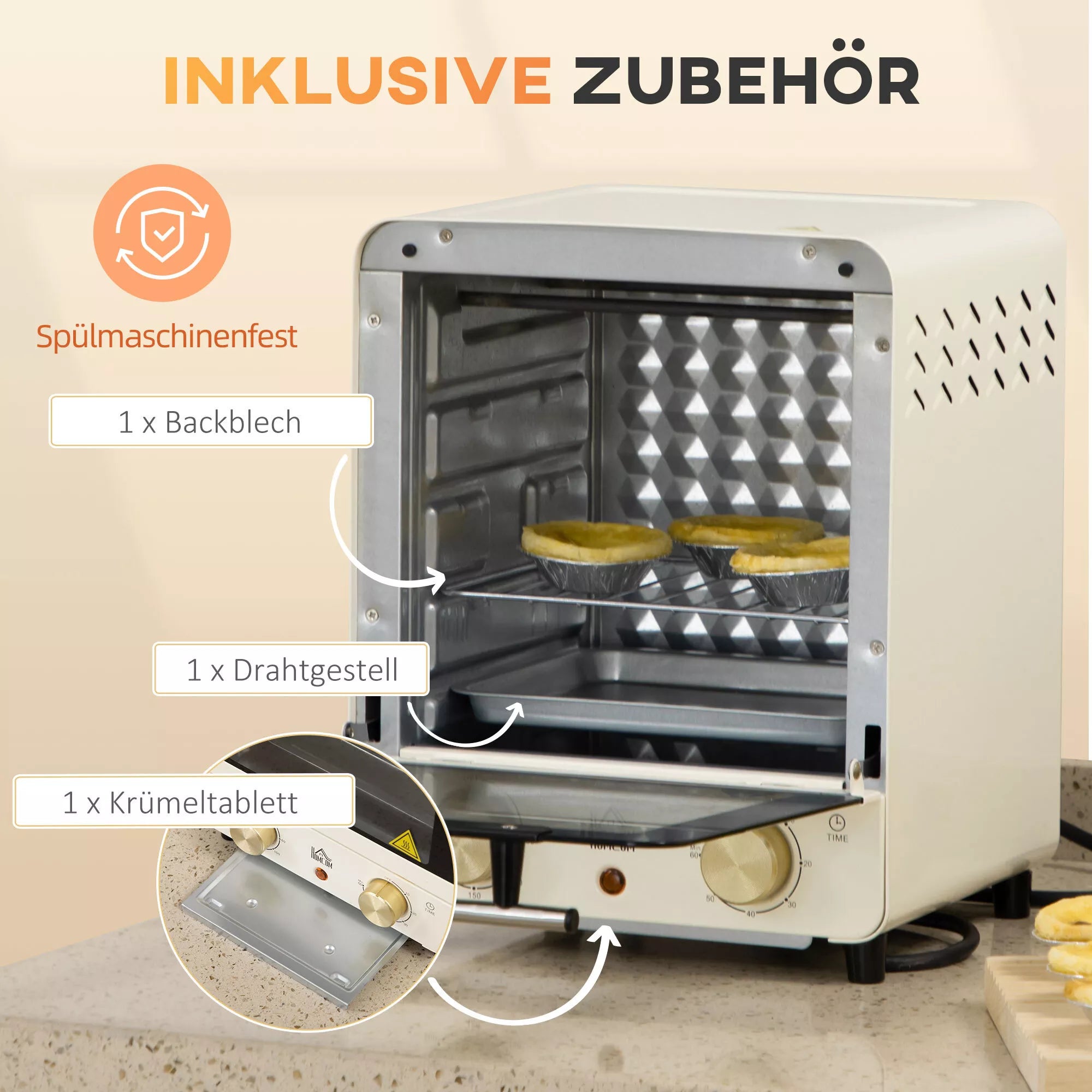 Mini orkaitė, 15 l talpa, aukščio reguliuojama kepimo skarda ir grotelės, 1000 W, kreminė balta spalva