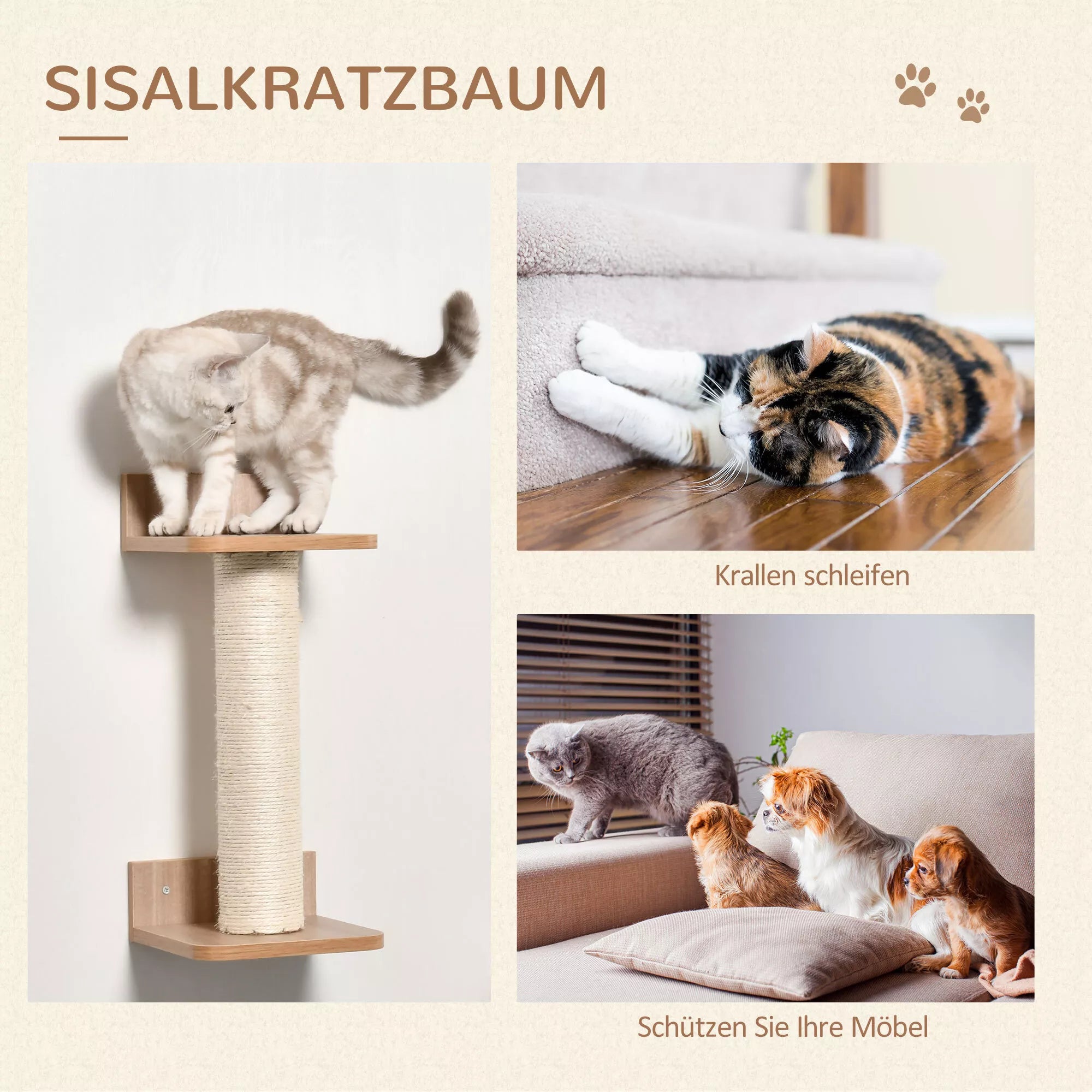 Laipiojimo siena katėms, 4 dalių katėms skirtas laipiojimo sienos rinkinys Katėms skirtos sienos elementai su braižymo medžiu Hamaku Šokimo platforma Braižymo kolona Katėms skirtos laipiojimo ir miego baldai iki 5 kg Šviesiai rudos spalvos