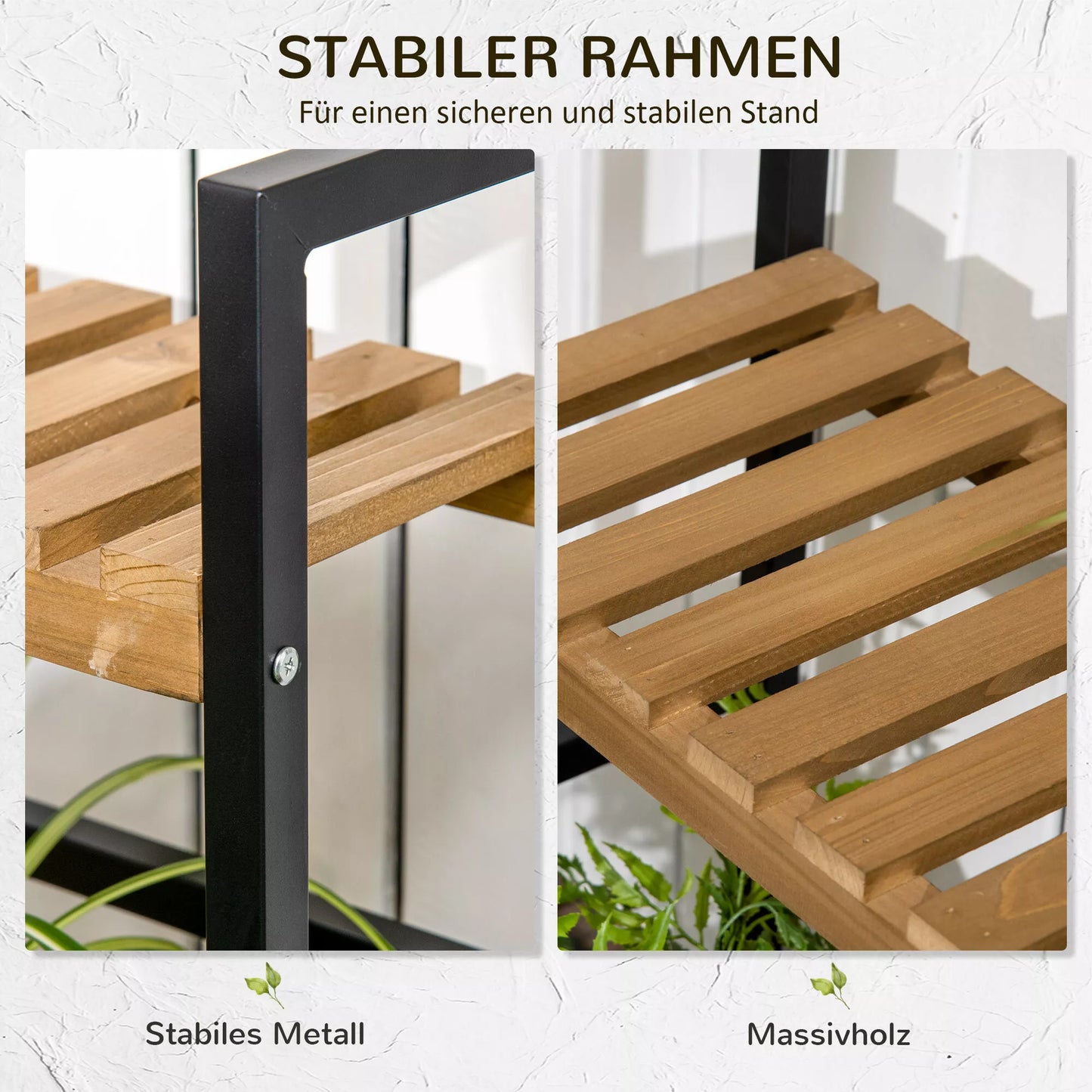 Augalų stovas su 3 pakopomis ir tvirtinimo kabliukais, gėlių laipteliai iš natūralaus medžio, 80 cm x 36 cm x 174 cm, natūrali spalva