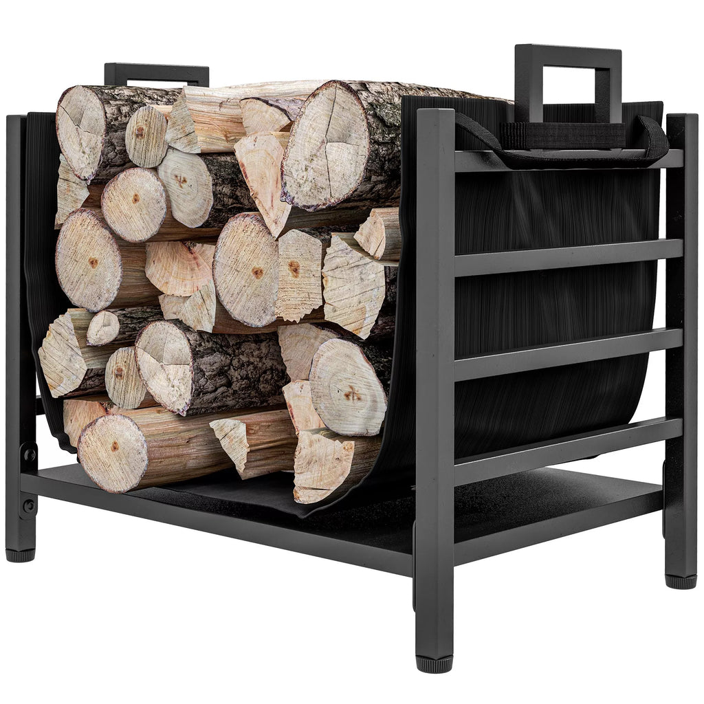 Kompaktiška malkų lentyna, talpa iki 50 kg malkų, su nuimamu transportavimo maišeliu, 49x34x44 cm, juoda