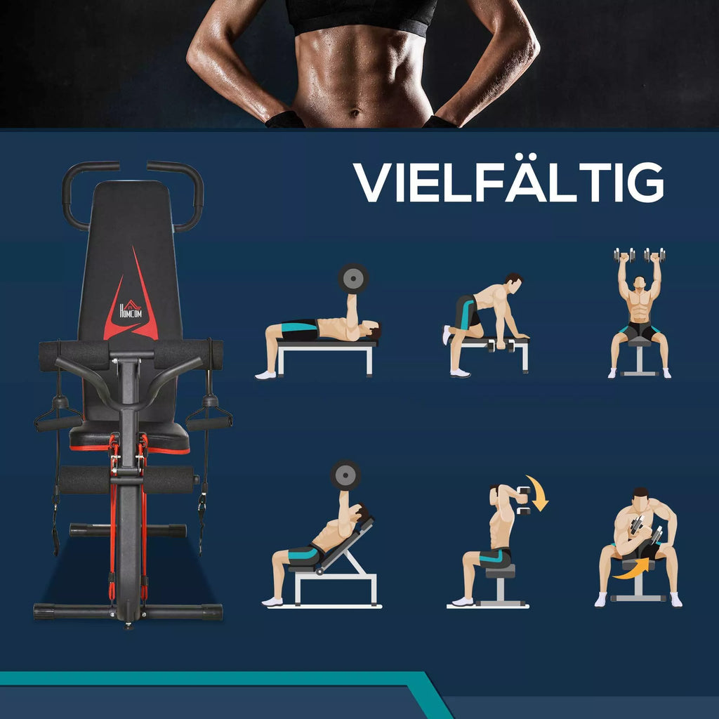 Reguliuojamas treniruočių suoliukas su gumomis, suoliukas atsispaudimams namų treniruotėms, 6 atlošo pozicijos, keliamoji galia iki 150 kg, plienas, dirbtinė oda, juoda+raudona, 145 x 49 x 48-127 cm