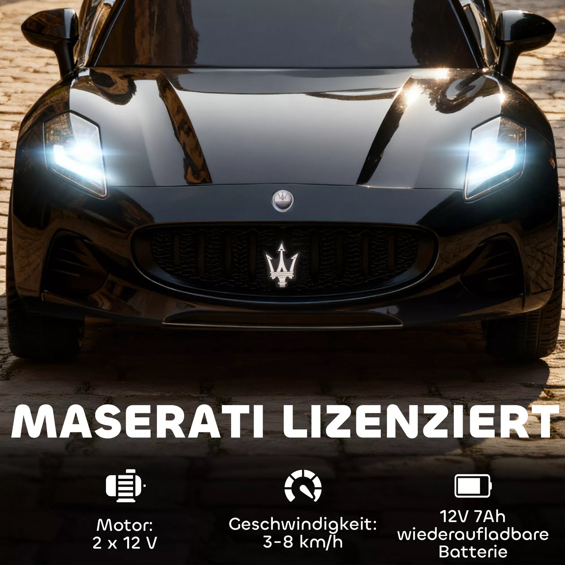 Maserati elektrinis automobilis vaikams, 2 vietų, 12V akumuliatorius, nuotolinio valdymo pultas, LED žibintai, muzikos funkcija, juodas