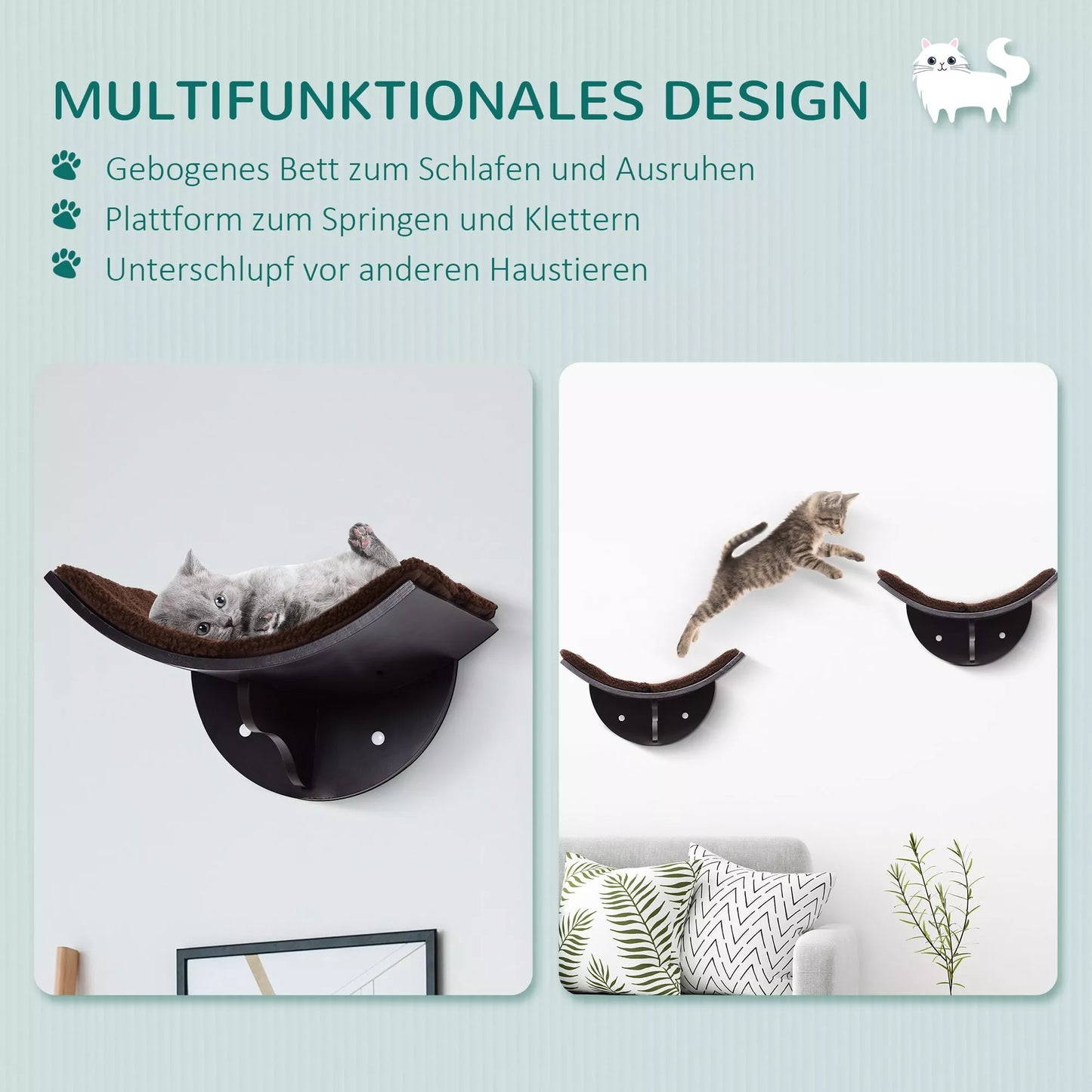 Katės gultas/lovytė ant sienos, katės lentyna, su minkštu paminkštinimu, ruda, 41 x 28 x 21 cm