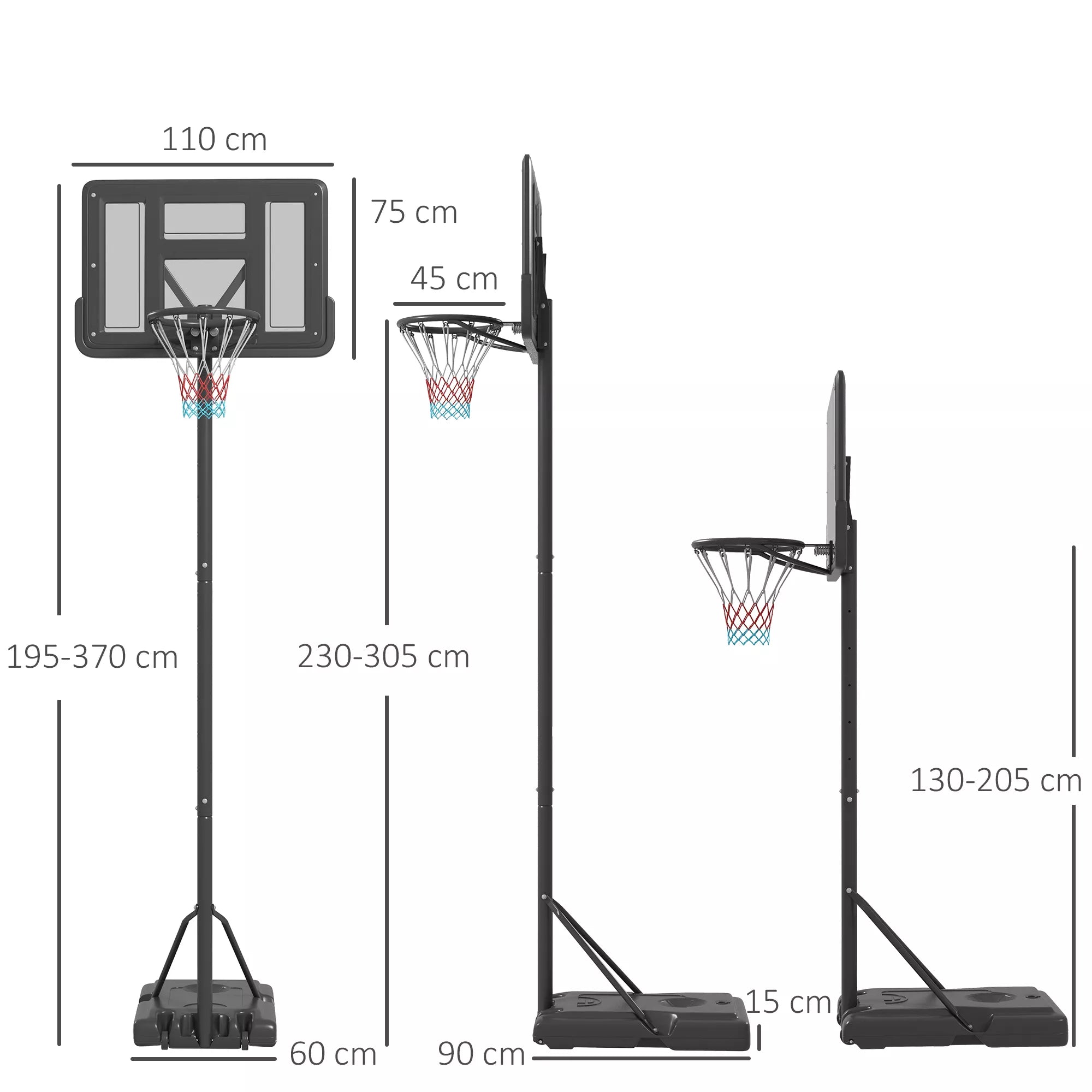 Reguliuojamas krepšinio stovas su ratukais, 230–305 cm, juodas
