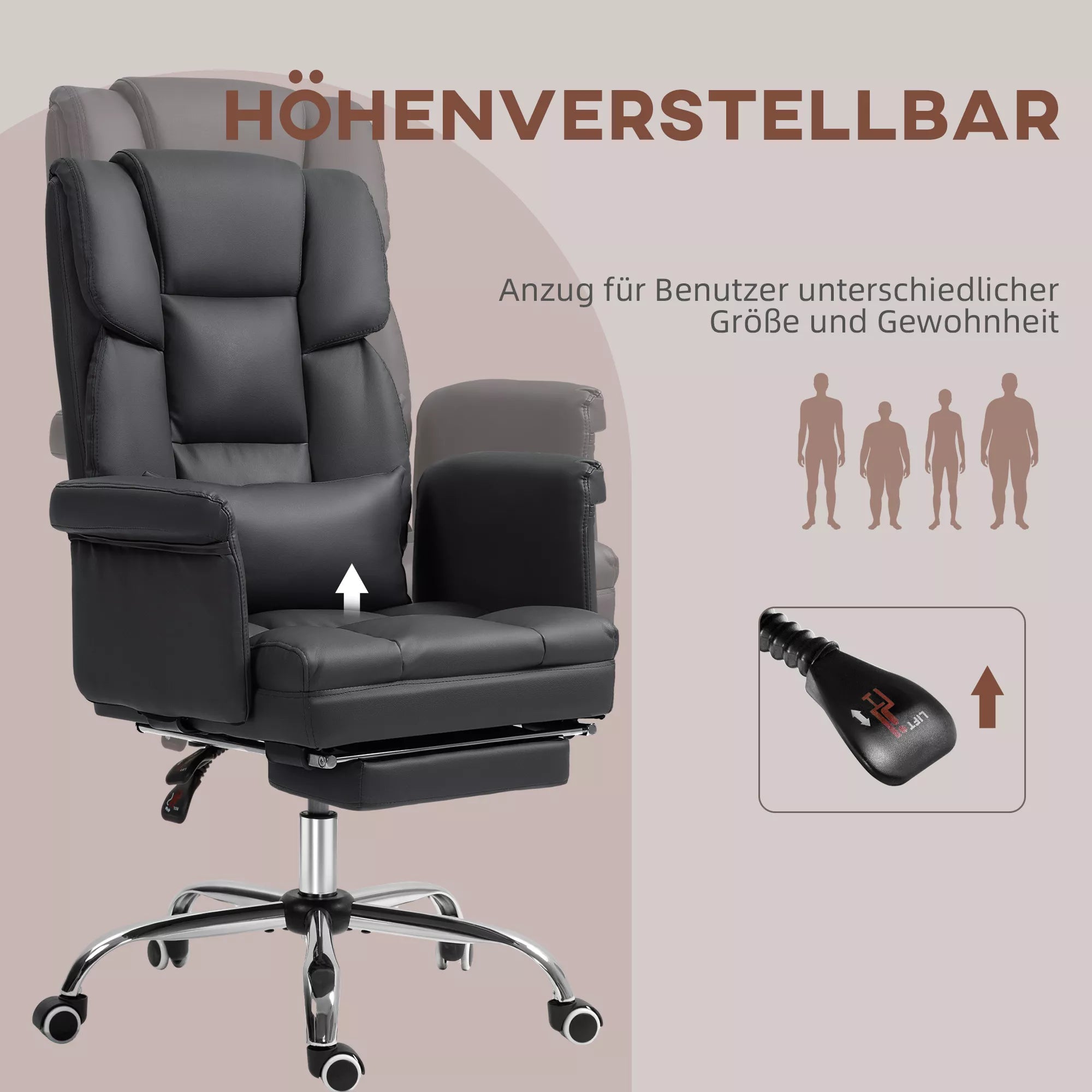 Ergonomiška biuro kėdė, reguliuojamas aukštis 48–56 cm, atlenkiamas atlošas, kojų atrama, juoda