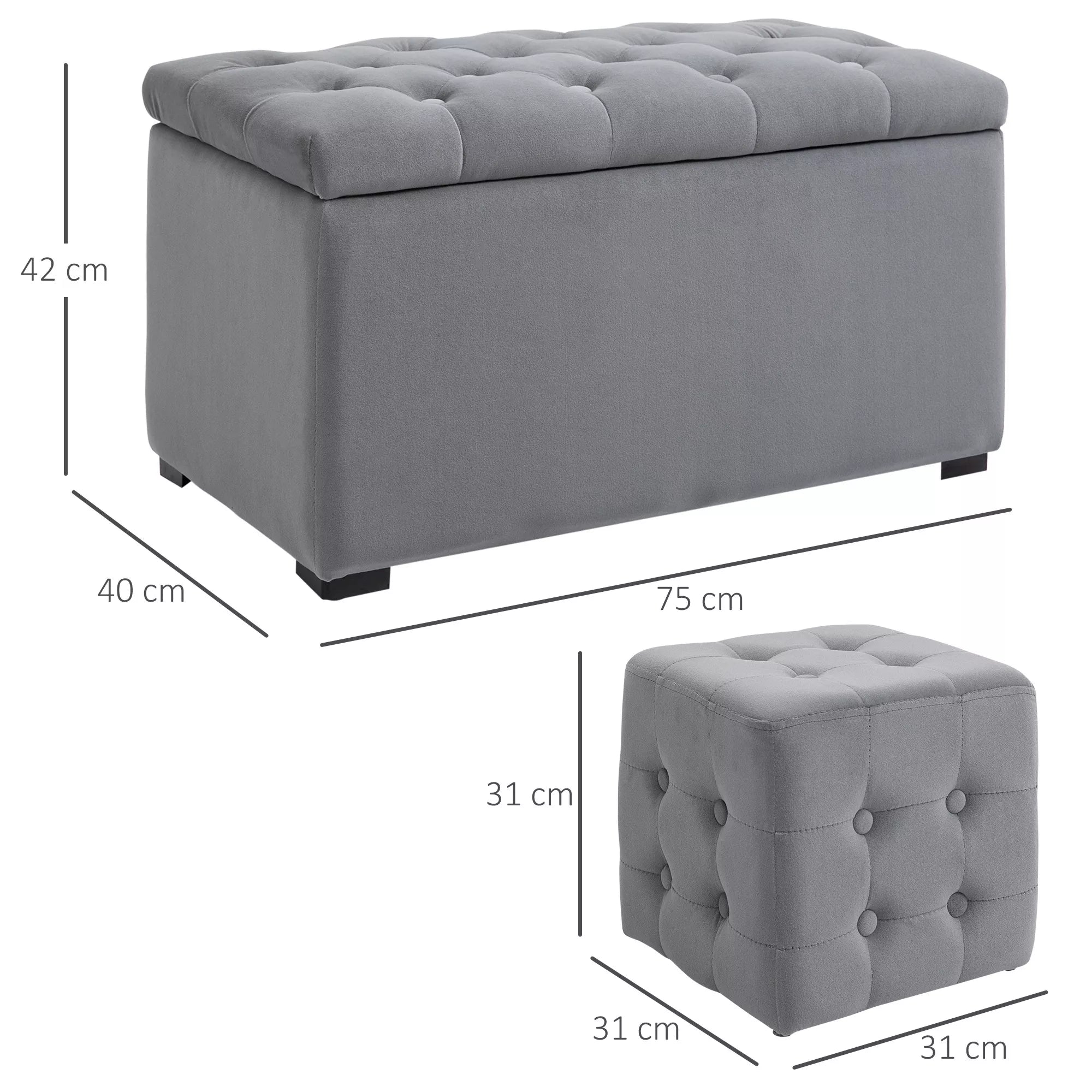 3 dalių rinkinys su saugojimo vieta, 2 x taburetės, minkštas sėdimojo skrynios, pėdų atrama, saugojimo dėžė, kojų atrama, atspari iki 130 kg, mikropluošto audinys, putplastis, 75 x 40 x 42 cm, šviesiai pilka