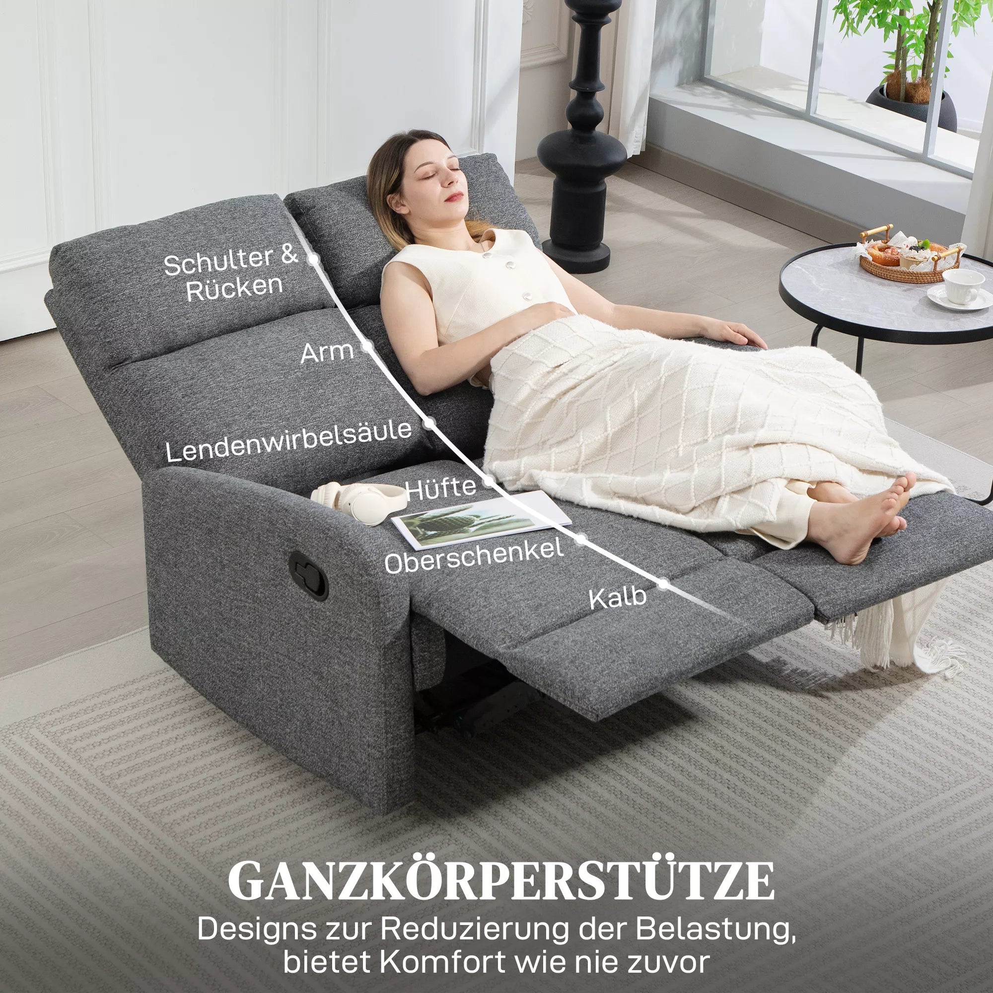 2 vietų sofa, individualiai reguliuojamos atlošos, kojų atrama, audinio apmušalas, plienas, pilka