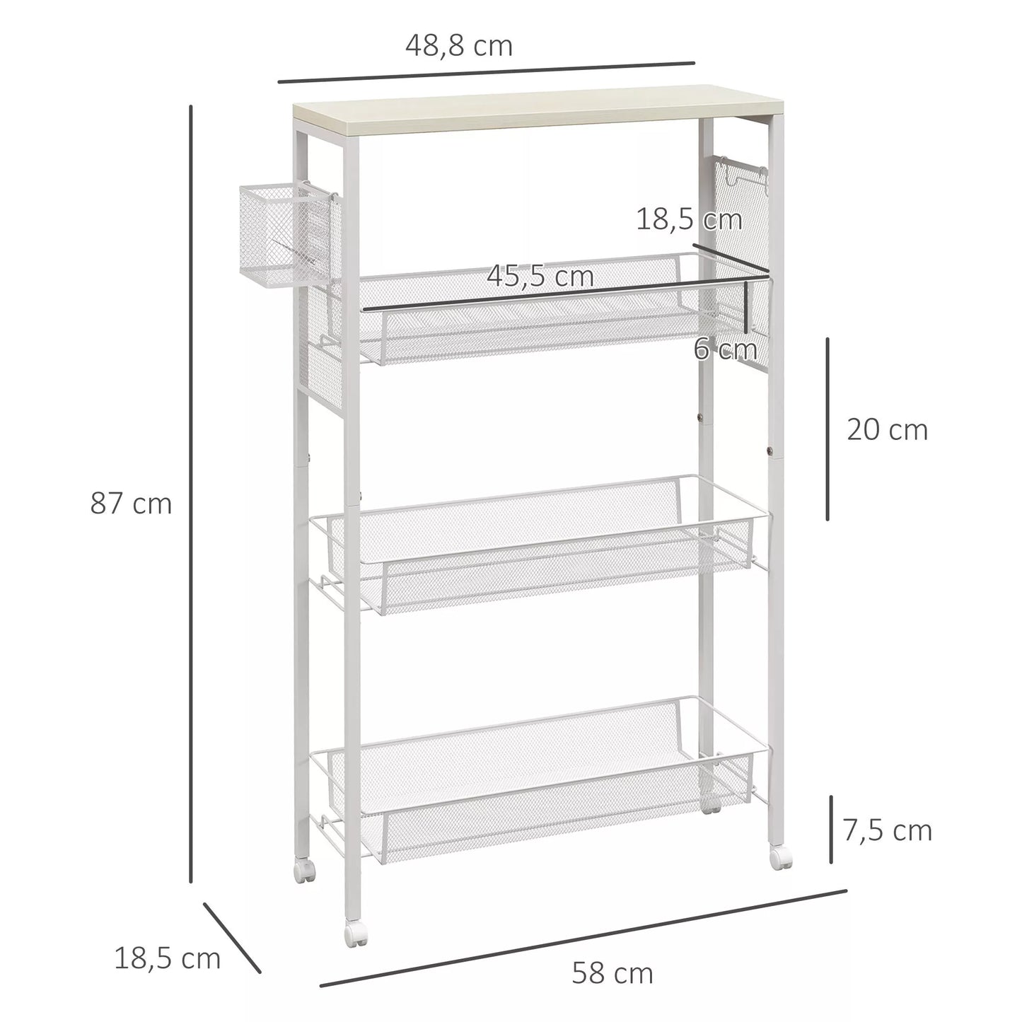 Siauras vežimėlis, universalus virtuvinis vežimėlis, 3 lentynos, kabliukai, 58 cm x 18,5 cm x 87 cm, baltas