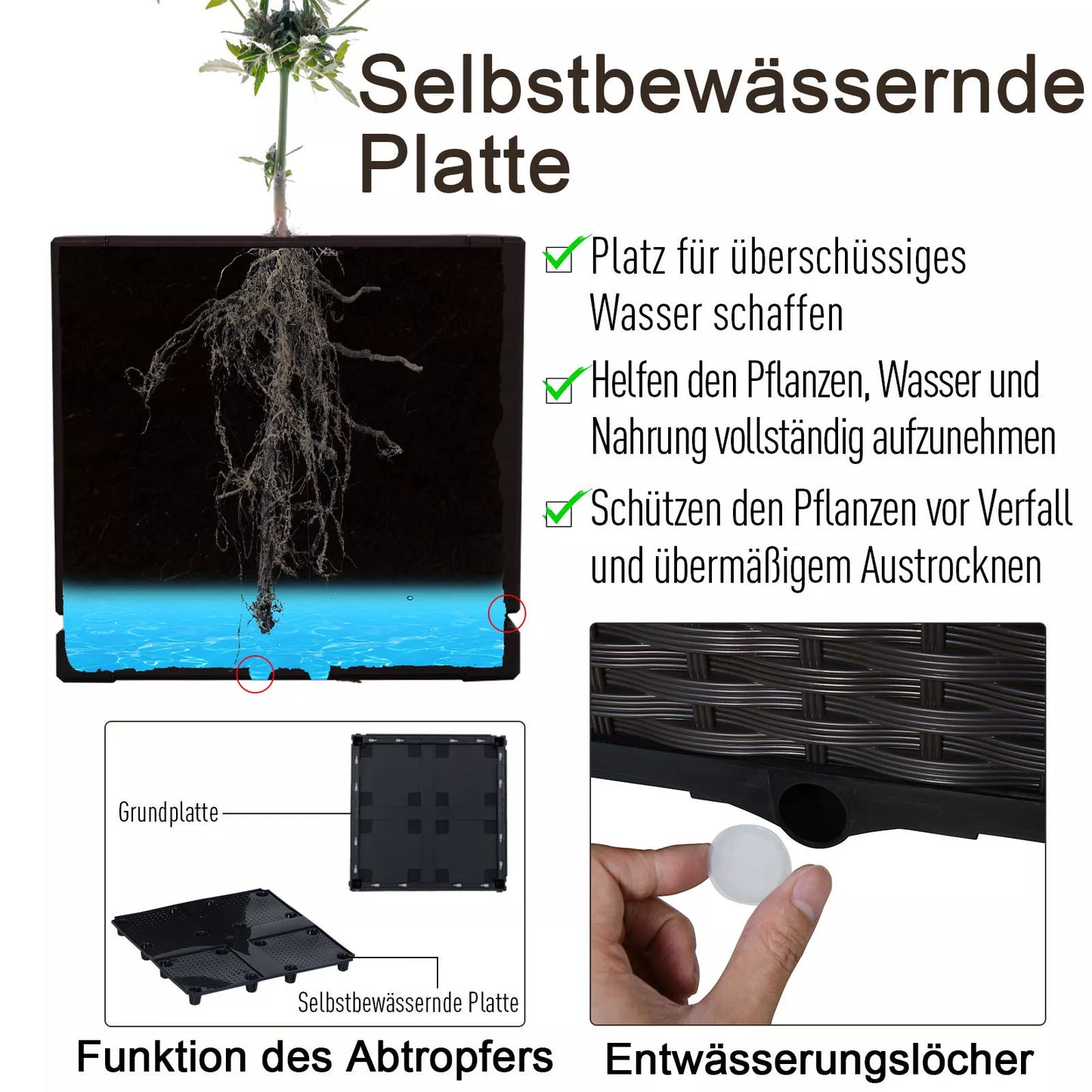 Pakeltas lysvės lovelis, augalų dėžė su drenažo skylutėmis, gėlių dėžė su rotango išvaizda, plastikas, ruda, 40 x 40 x 44 cm