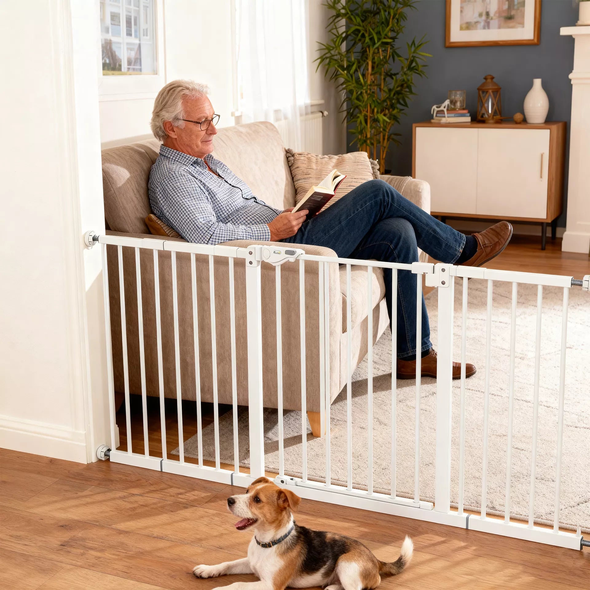 Šunų užtvaros, išplečiamos, tvirtinamos spaustuvais, metalinės, 136x76 cm, baltos spalvos