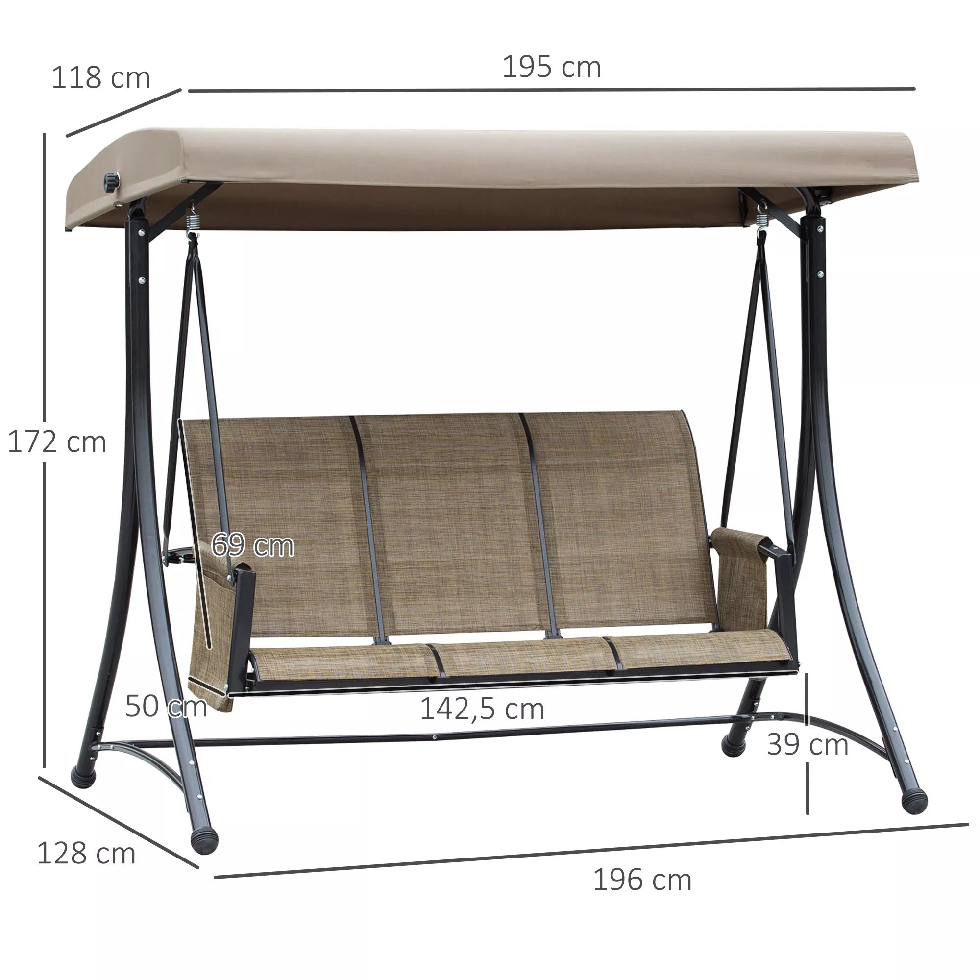Sodo sūpynės matmenų schema: 195 cm plotis, 172 cm aukštis, 142,5 cm sėdynė