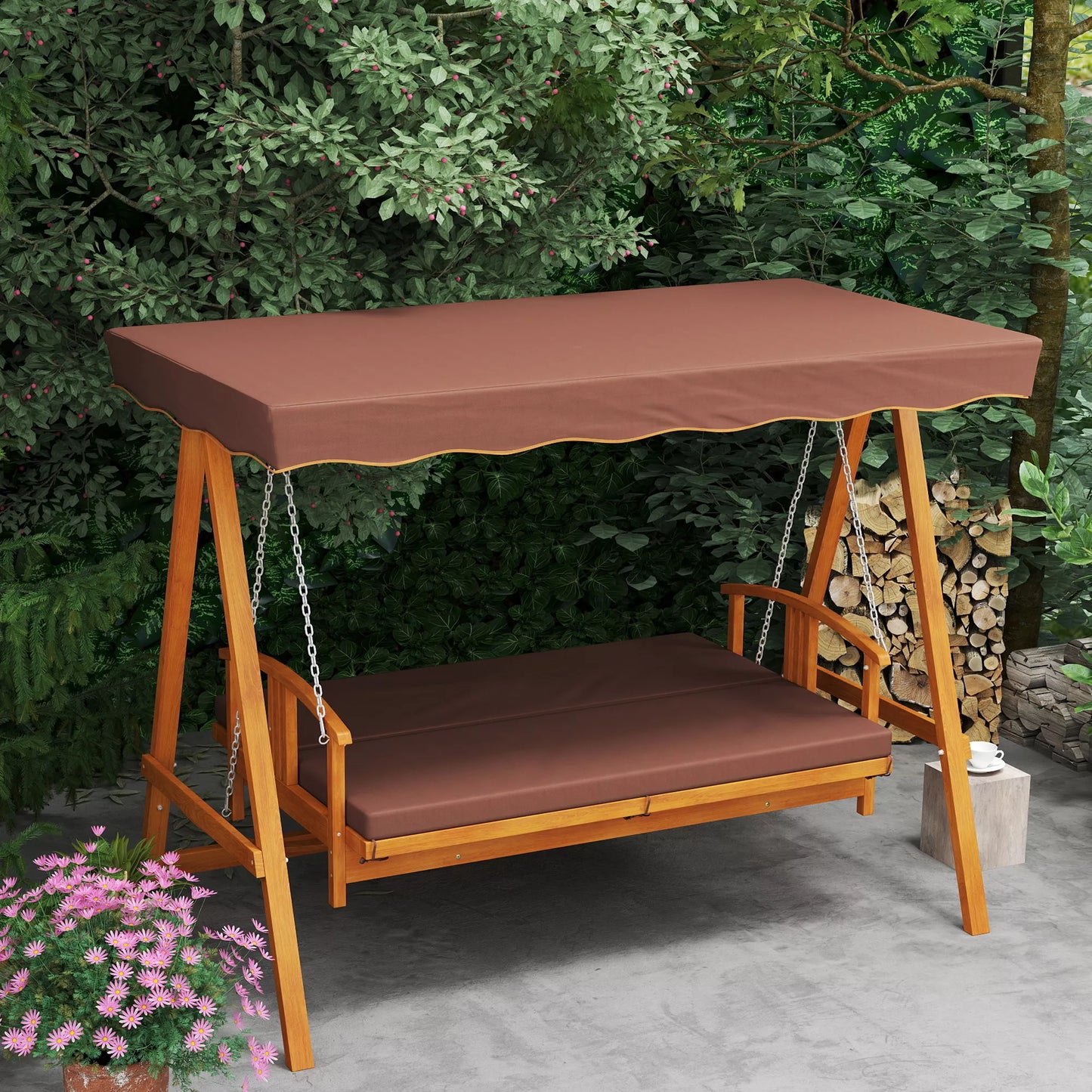 Lauko, sodo  sūpynės su saulės stogu, natūralaus medžio sodo sūpynės, sūpynės su atlošimo funkcija, 3 asmenims, rudos spalvos