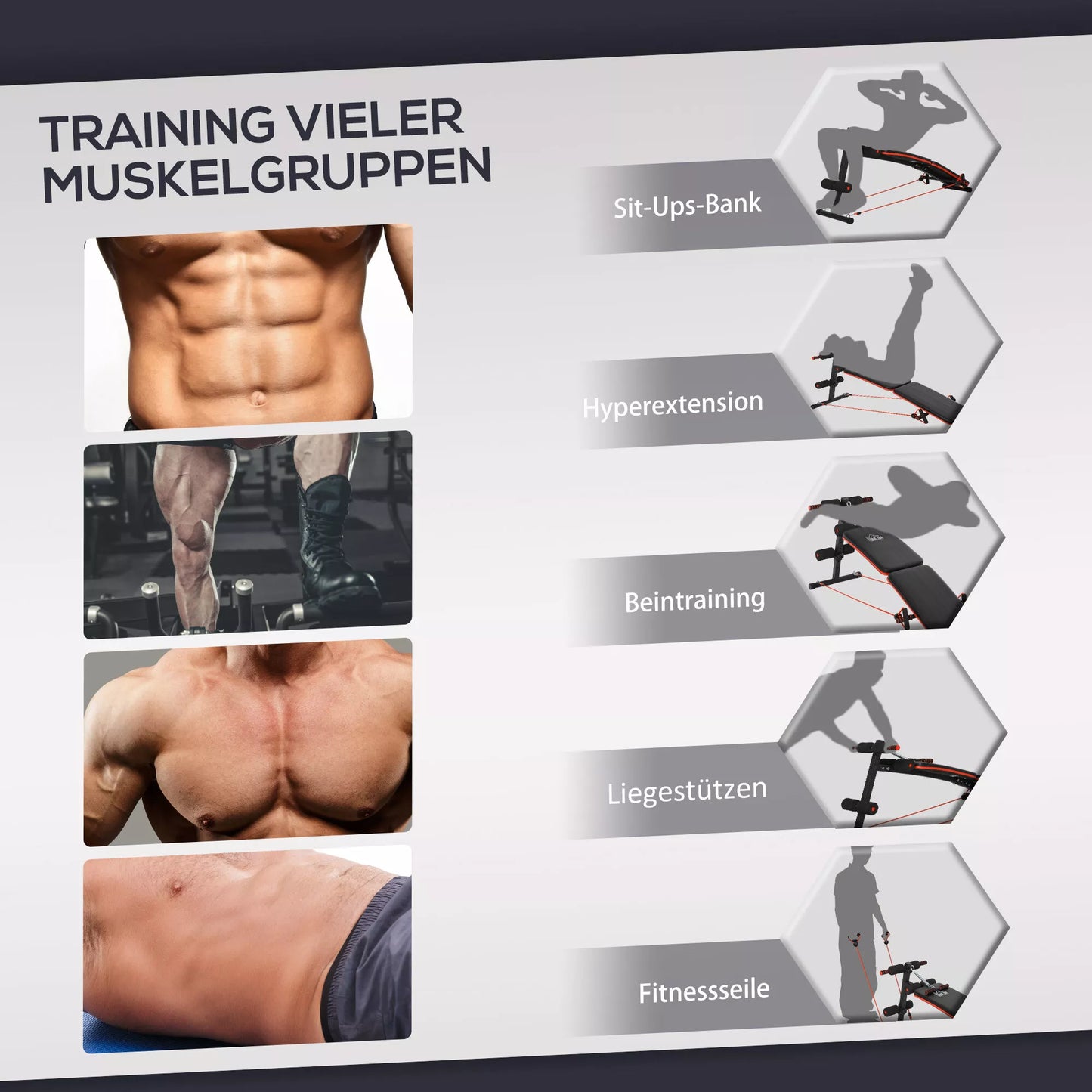 Treniruočių suolas pilvo presui su treniruočių virvėmis, daugiafunkcis, reguliuojamas ir sulankstomas, 110 kg keliamoji galia, plienas, juoda+raudona, 137 x 51 x 50-66 cm