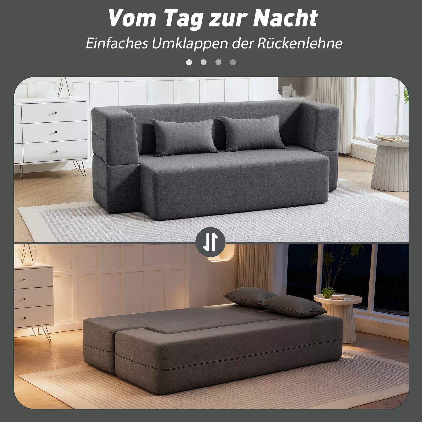 2 vietų putplasčio sofa-lova, miegamoji sofa su plačiais porankiais, 2 pagalvėlės, 360 kg keliamoji galia, pilka