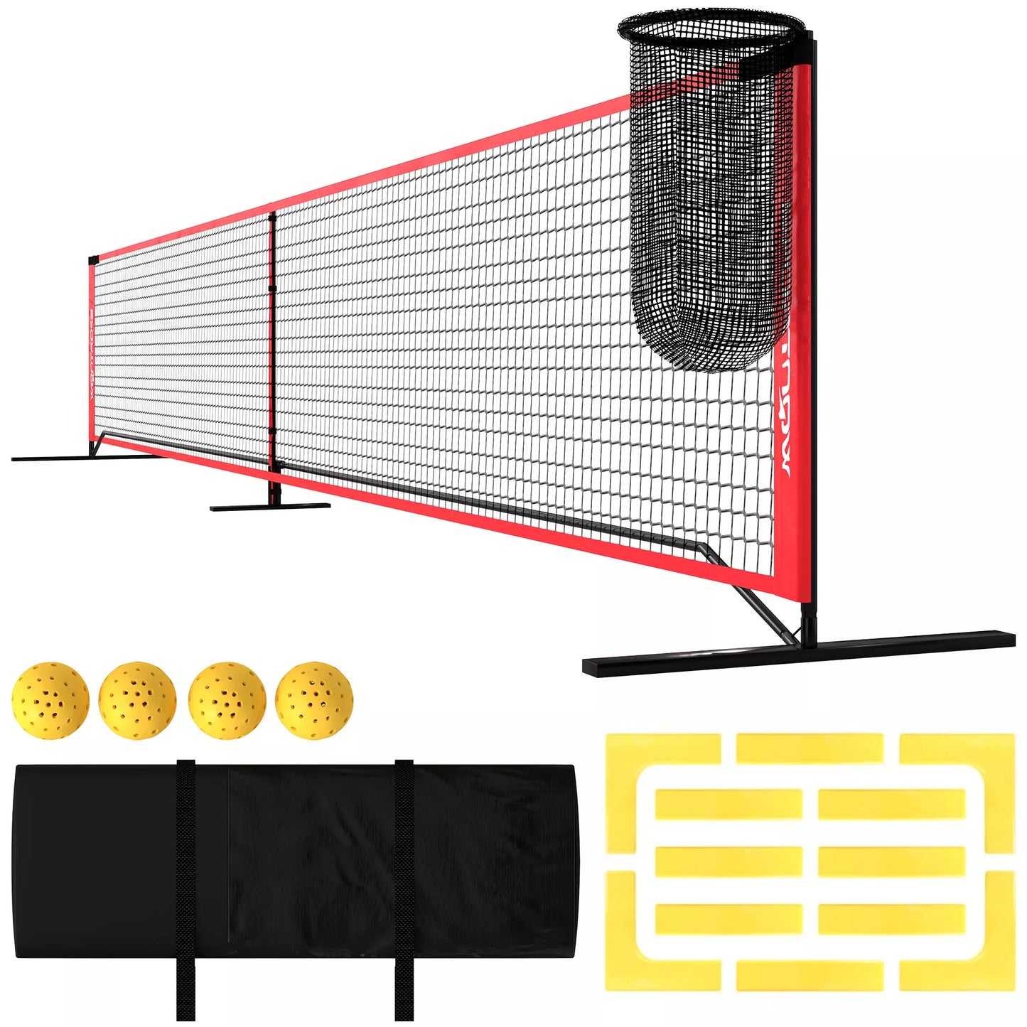 Pickleball rinkinys su tinklu, stovu, kamuoliukais, plienas, plastikas, raudonas