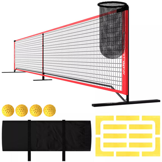 Pickleball rinkinys su tinklu, stovu, kamuoliukais, plienas, plastikas, raudonas
