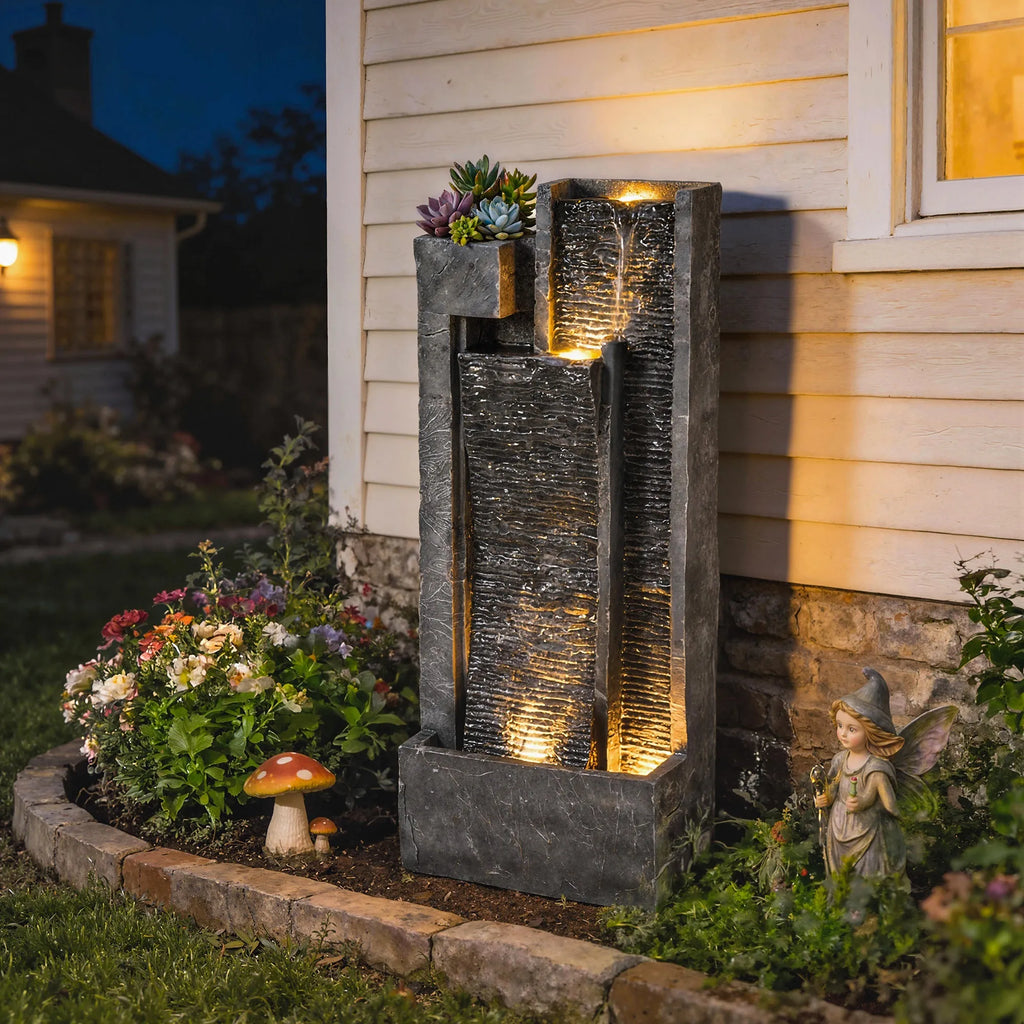 Sodo fontanas su LED apšvietimu ir vazonu 101 cm tamsiai pilkas