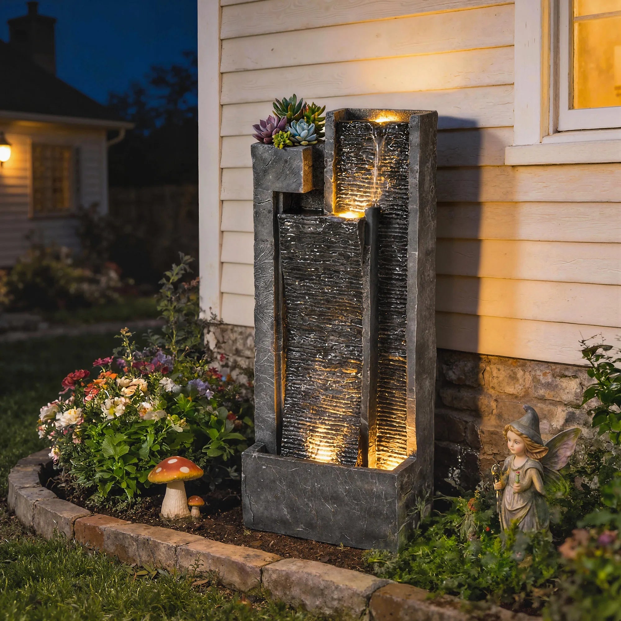 Sodo fontanas su LED apšvietimu ir vazonu 101 cm tamsiai pilkas