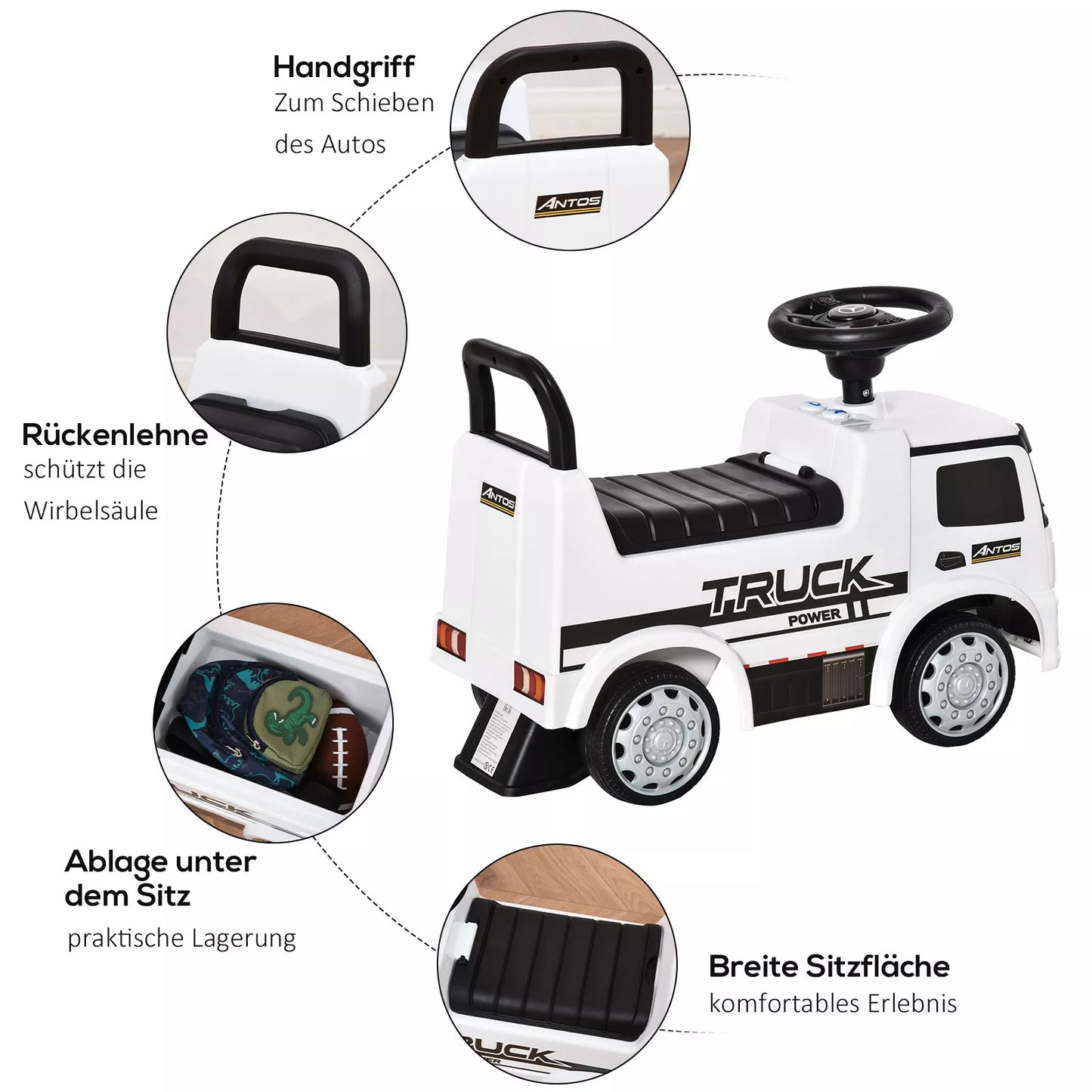 Vaikiška transporto priemonė, automobiliukas stumdukas, licencijuotas Mercedes ANTOS sunkvežimio dizaino, su šviesomis. Skirta vaikams nuo 12 iki 36 mėnesių. Medžiaga: metalas, PP plastikas. Spalva: balta+juoda. Matmenys: 62,5x28,5x45cm