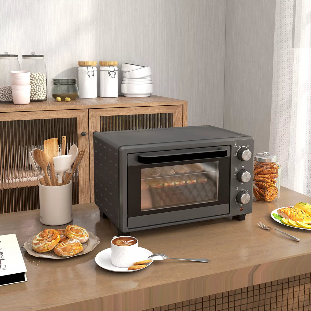 Mini orkaitė, 21 l Tosteris su 1 vieliniu grotelių rėmu ir 1 kepimo skarda, 3 kepimo režimai, 100 °C–230 °C, nerūdijantis plienas, stiklas, pilka spalva