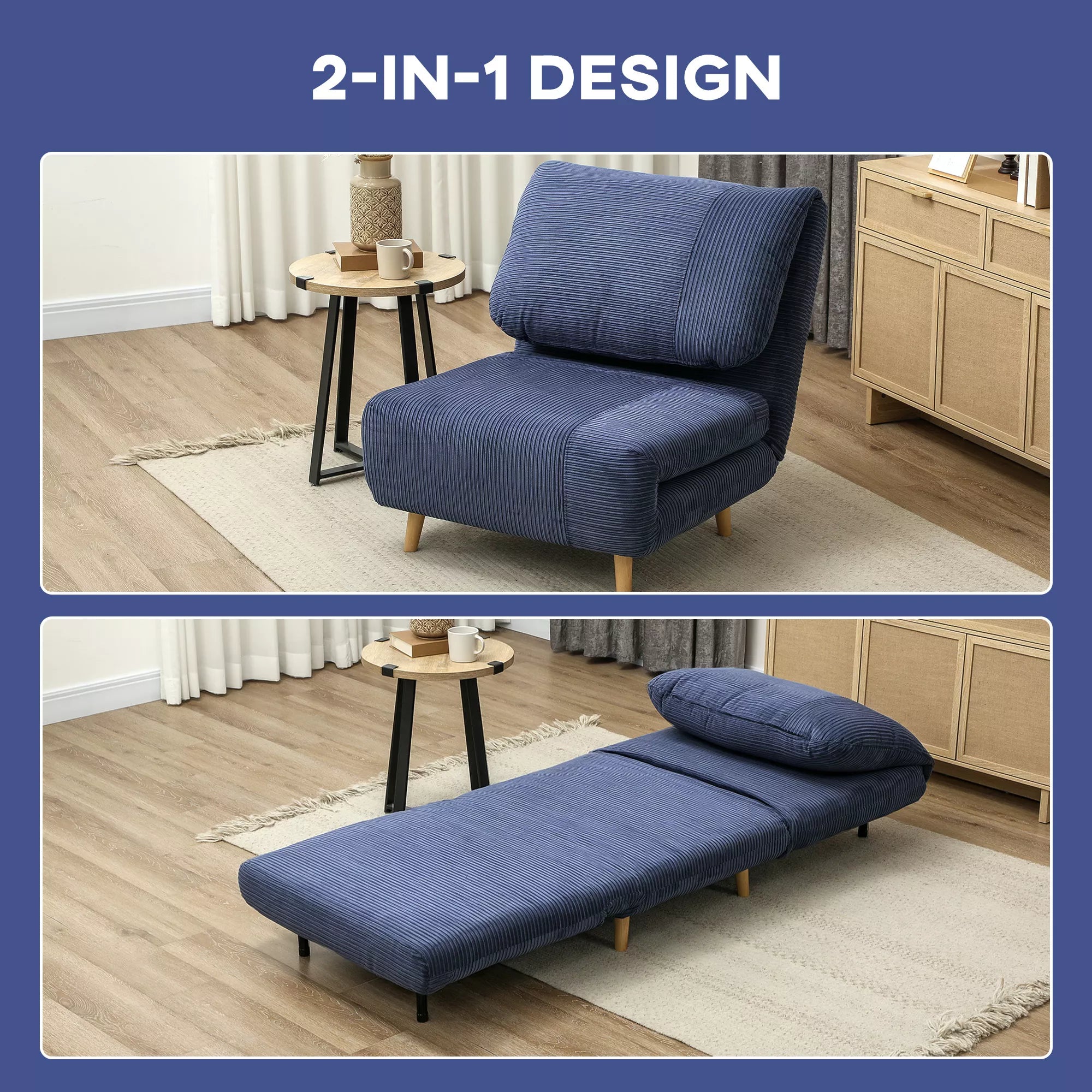 2 viename miegamoji sofa-kėdė svečio lova, reguliuojama galvos atrama, kordilokos išvaizda, 82 cm x 87 cm x 89 cm, mėlyna