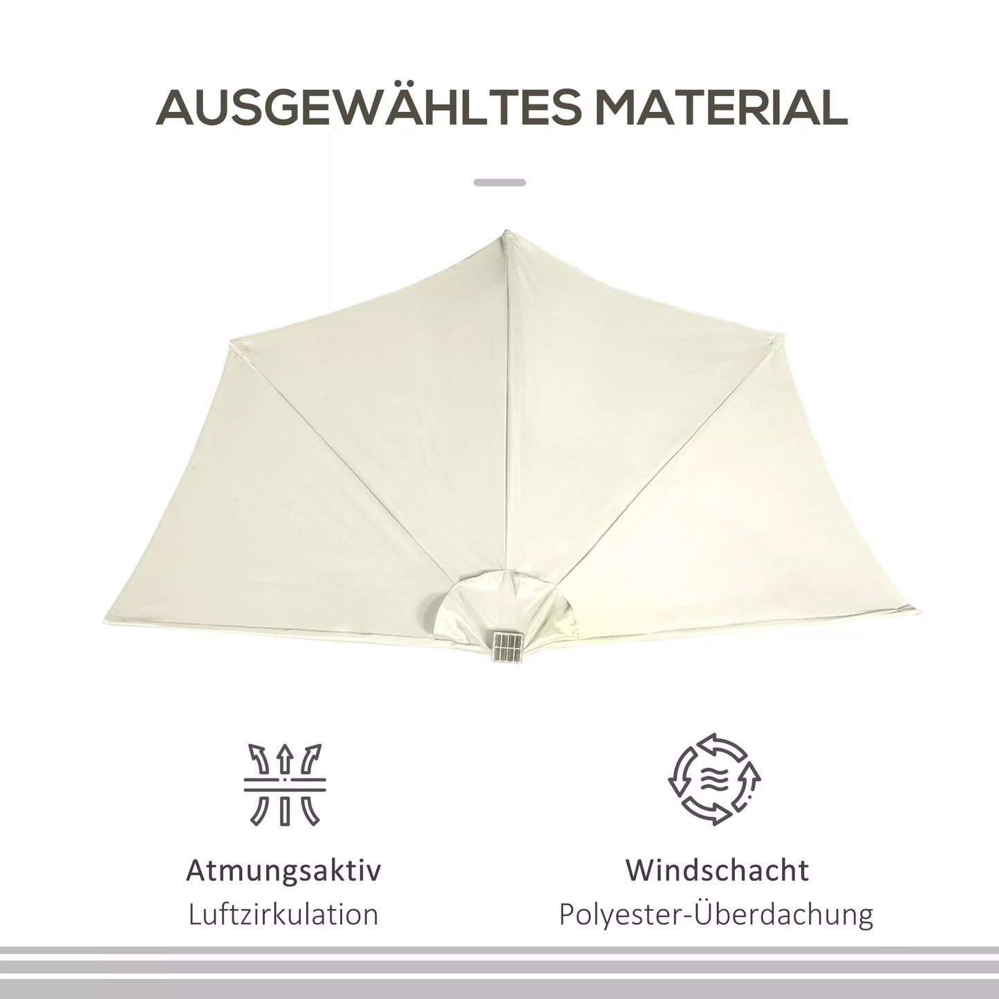 Pusapvalis skėtis terasai, su saulės moduliu, 20 LED, rankenėle, smėlio spalvos, 2,70 x 1,35 x 2,40 m