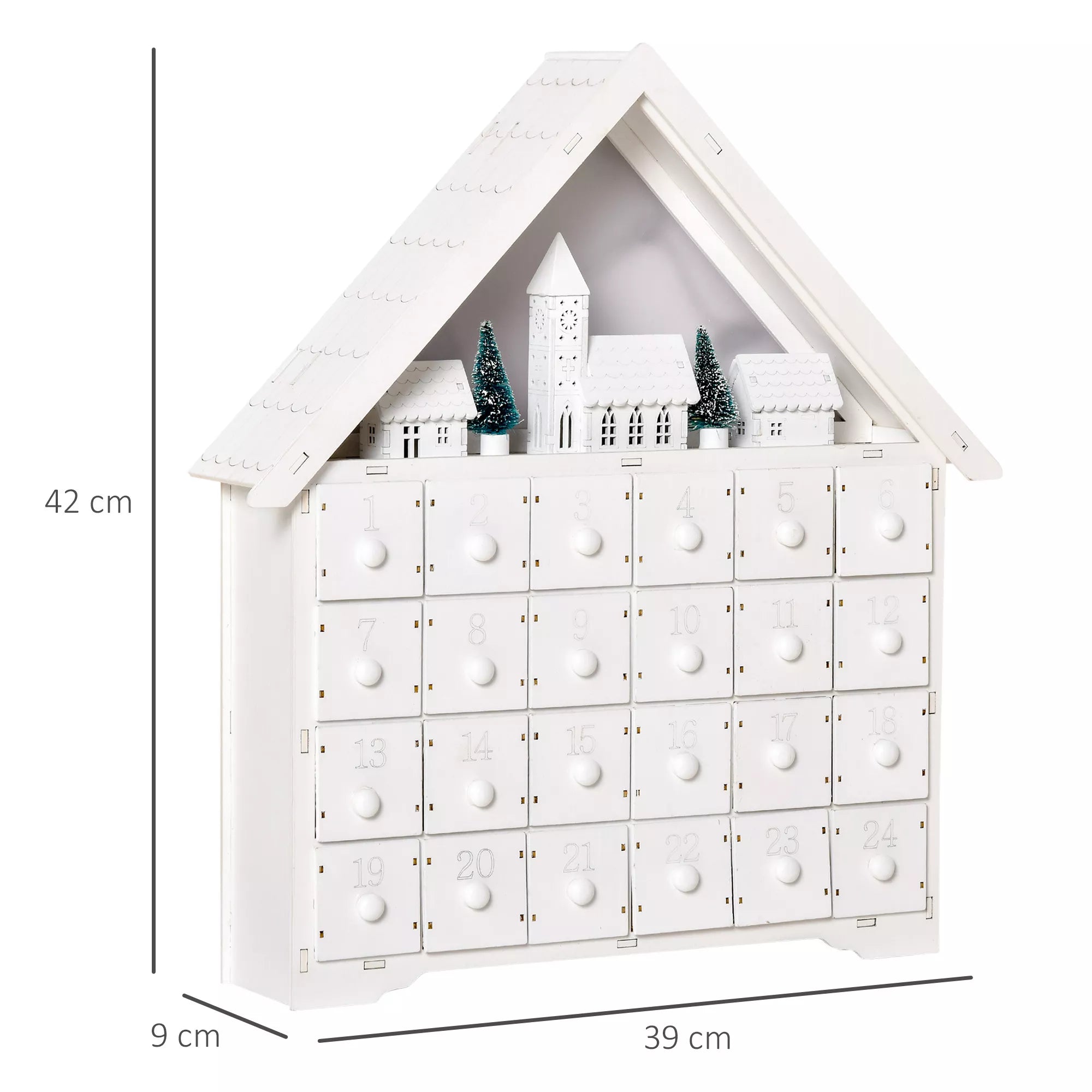 Advento kalendorius Kalėdinė puošmena, 24 stalčiukai, LED lemputės, 39 cm x 9 cm x 42 cm, Balta + Žalia