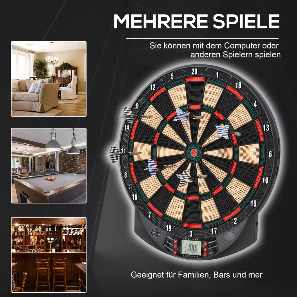 Elektroninis dartų taikinys su automatiniu taškų skaičiavimu Dartboard Dart-set su 6 dartais 30 dartų galvutėmis 26 žaidimais ir 185 taškų variantais 8 žaidėjams Garso efektai Juodas 44 x 39,5 x 2,2 cm