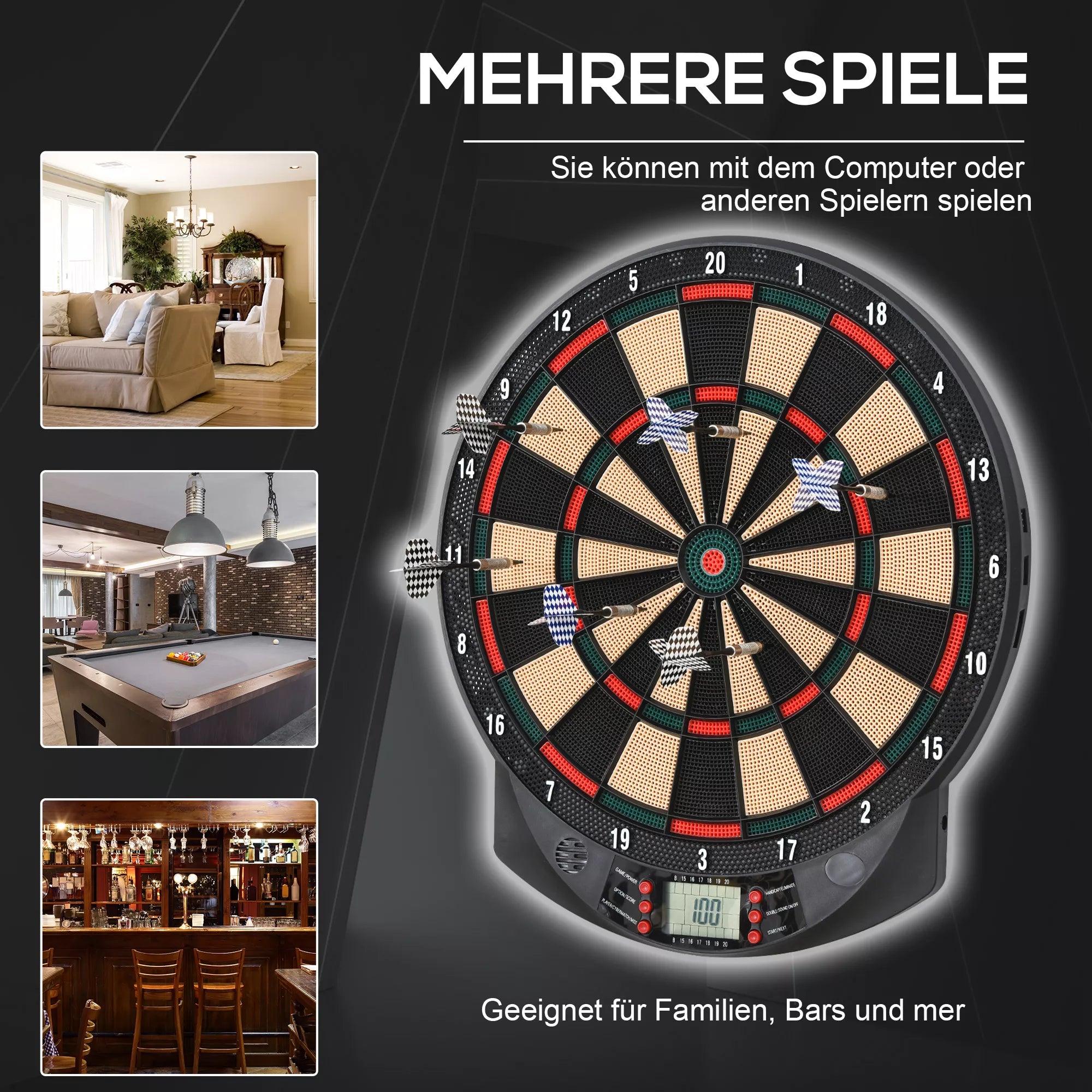 Elektroninis dartų taikinys su automatiniu taškų skaičiavimu Dartboard Dart-set su 6 dartais 30 dartų galvutėmis 26 žaidimais ir 185 taškų variantais 8 žaidėjams Garso efektai Juodas 44 x 39,5 x 2,2 cm