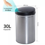Jutiklinės šiukšliadėžės matmenų schema: Ø30,5 cm, 51,5 cm aukštis, 30 l talpa