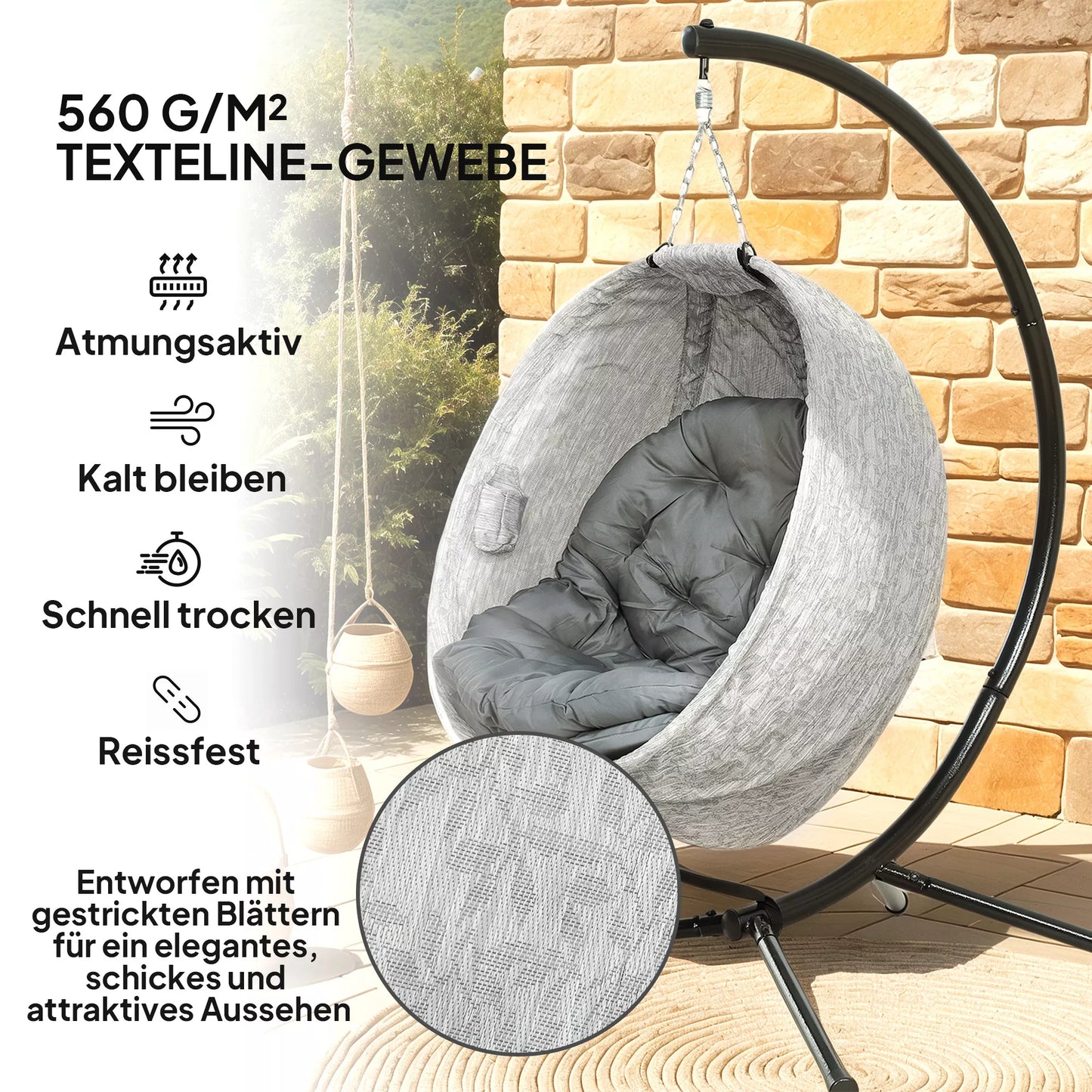 Kiaušinio formos pakabinamas krėslas su supimosi funkcija ir sulankstomu krepšiu, sodo kėdė, puodelio laikiklis, pilkos spalvos