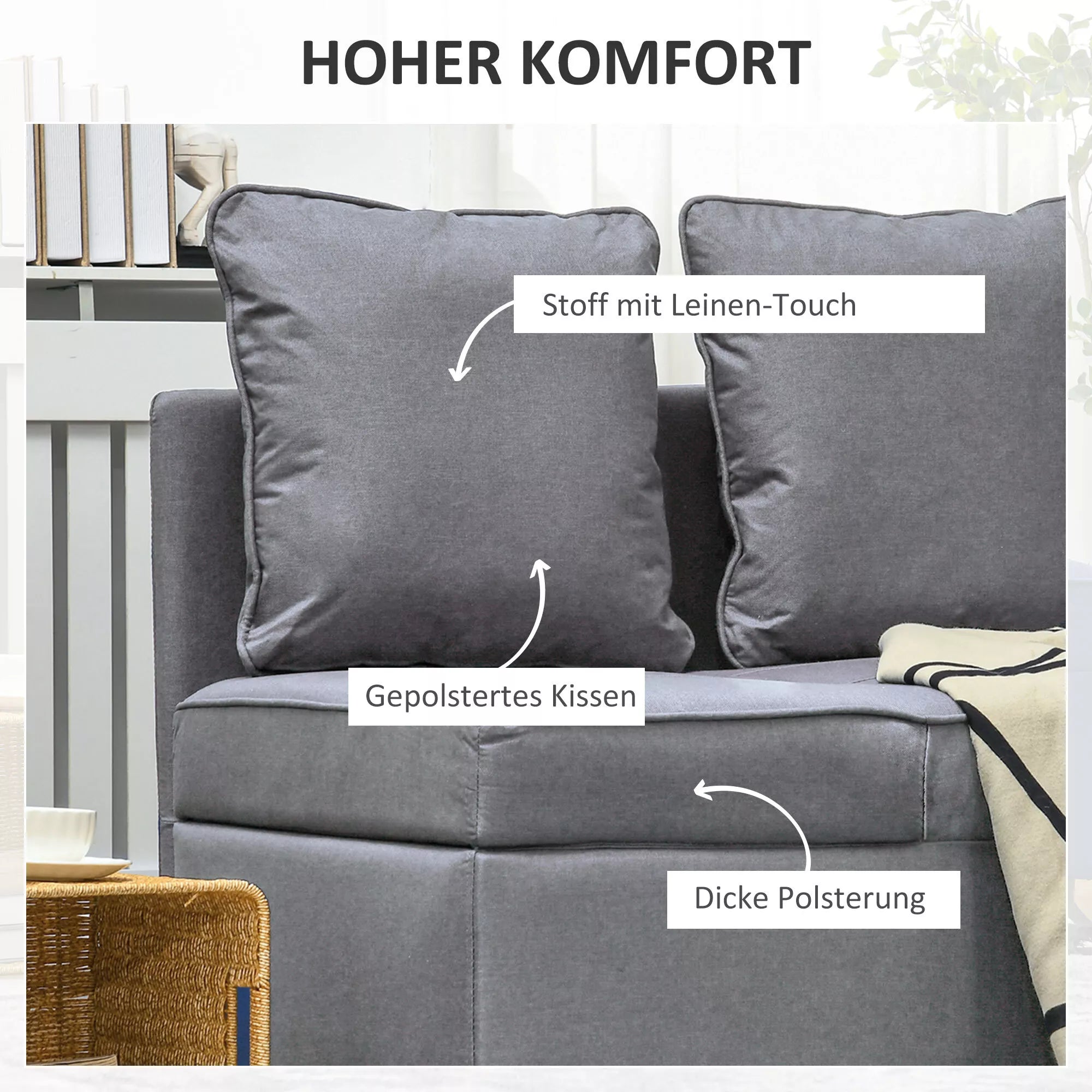 Miegamoji sofa-lova, 2 vietų fotelis su miegojimo funkcija, sulankstomas minkštasuolis su 2 pagalvėlėmis, su lino imitacijos apmušalu, tamsiai pilka