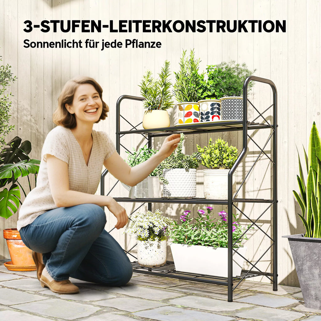 Augalų stovas, 3 aukštų gėlių stovas su rankenomis ir metalinėmis lentynomis, plienas, 78 cm aukščio, juoda