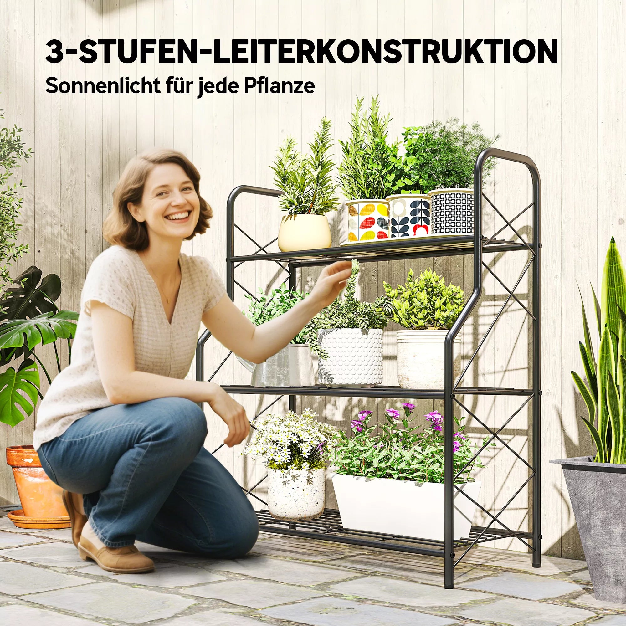 Augalų stovas, 3 aukštų gėlių stovas su rankenomis ir metalinėmis lentynomis, plienas, 78 cm aukščio, juoda