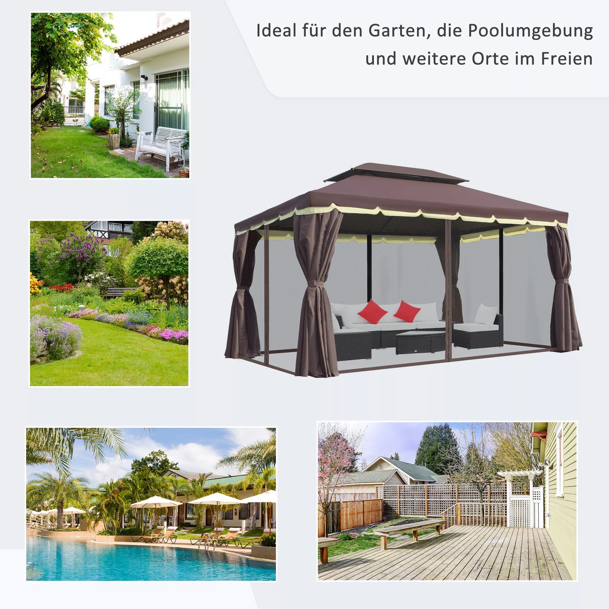 Sodo paviljonas Paviljonas 390 x 290 x 280 cm Sodo palapinė Šventinė palapinė Vakarėlių palapinė su 4 šoniniais elementais Moskitų tinklas Atsparus oro sąlygoms Aliuminis Poliesteris Kavos + juodos spalvos