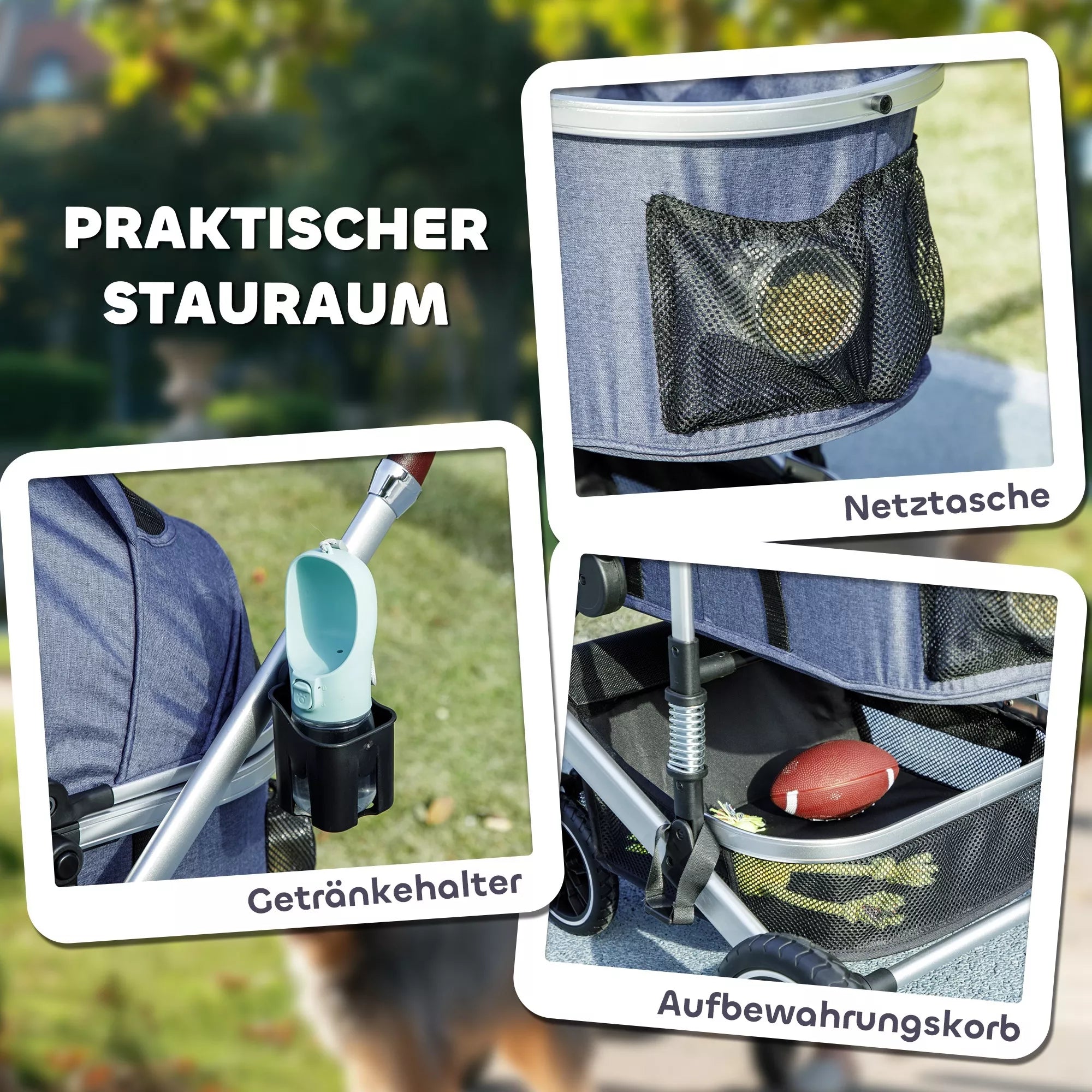 3 in 1 vežimėlis šunims ir katėms, sulankstomas, katėms iki 10 kg, su pagalvėle, puodelio laikikliu, tamsiai mėlynas