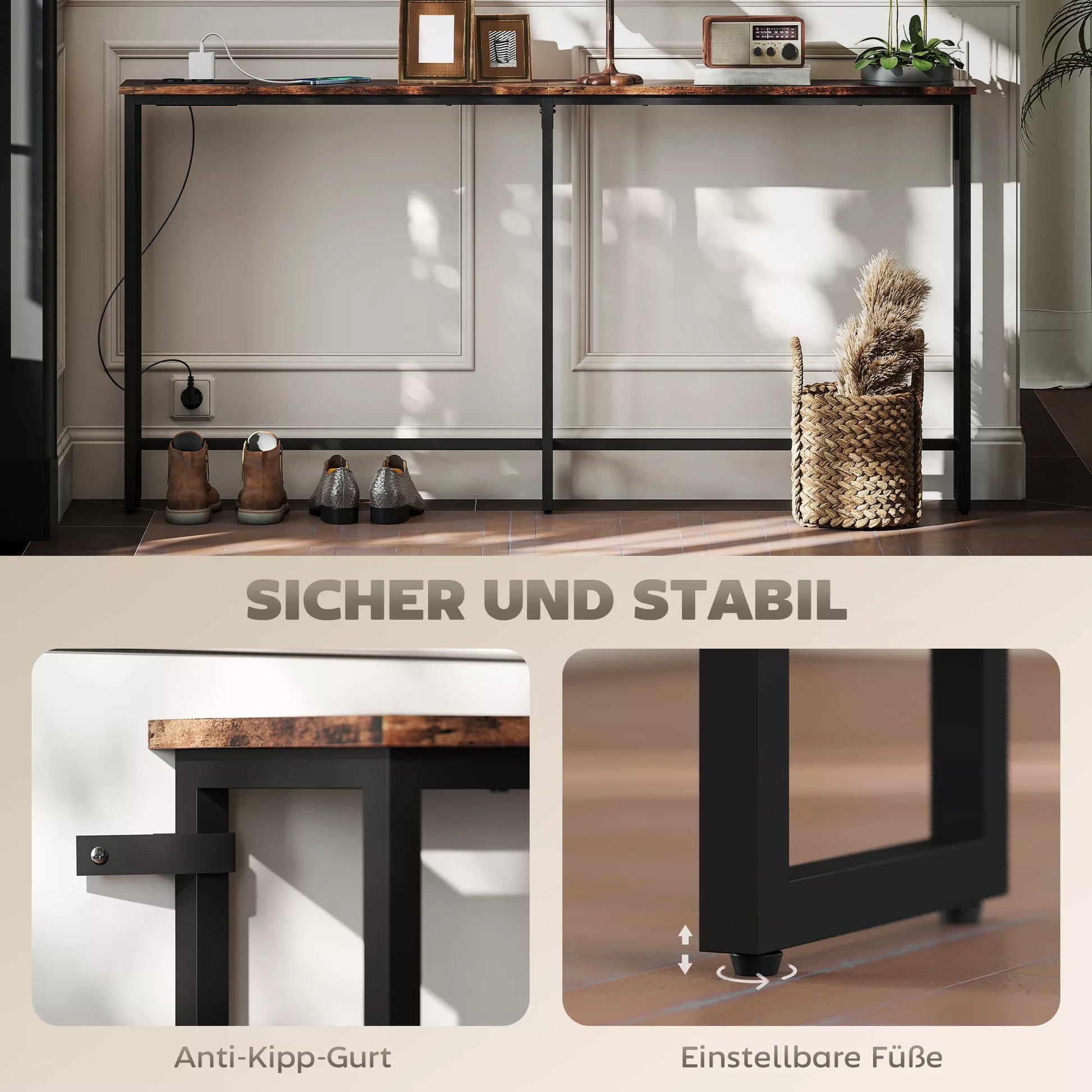 Plonas konsolinis staliukas su įkrovimo stotele, pramoninio stiliaus, plieninis rėmas, rudas