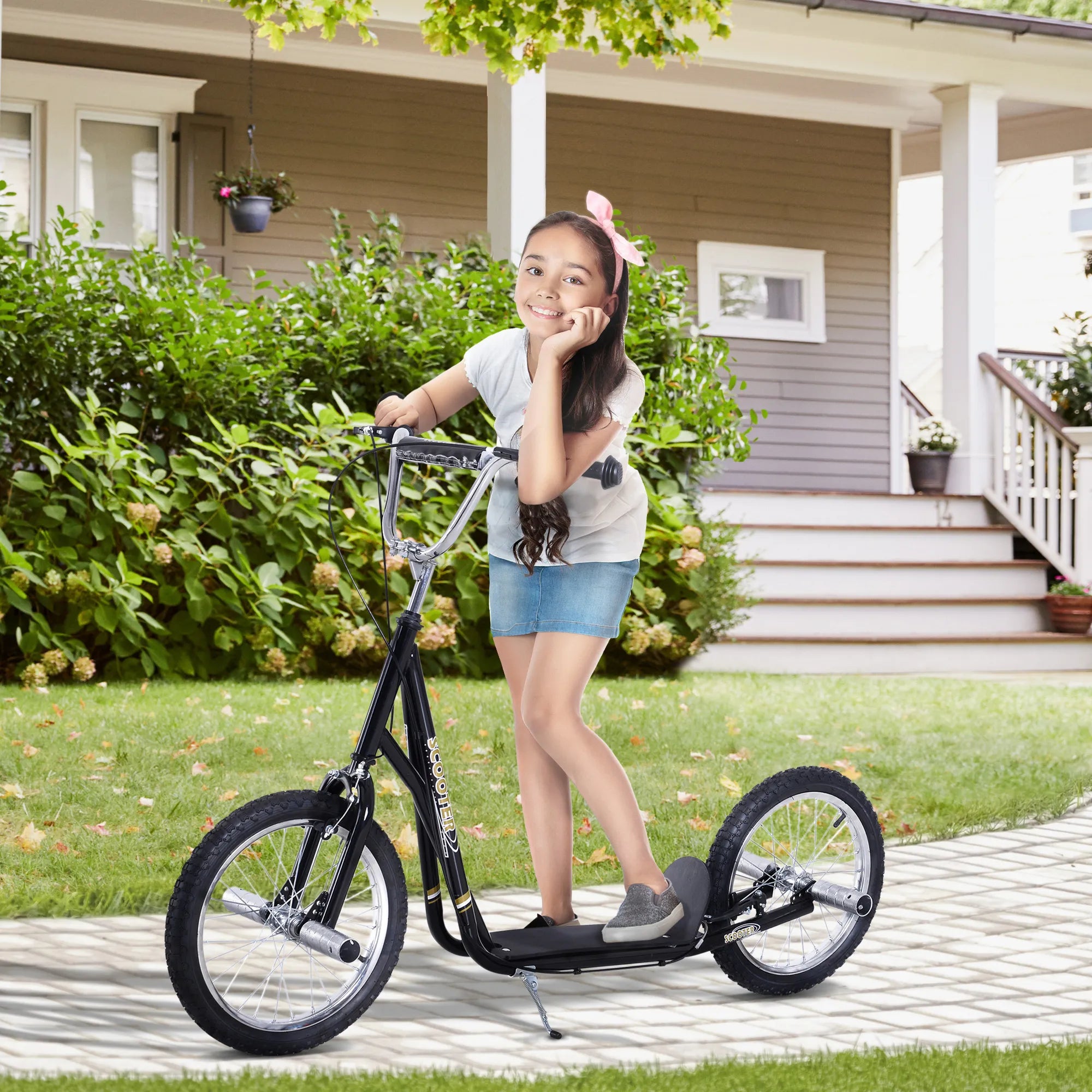 Vaikų paspirtukas su pneumatinėmis padangomis Kickscooter Scooter Paspirtukas Miesto paspirtukas vaikams Kickboard 16 colių nuo 5 metų Aukščio reguliavimas Juodas 143 x 58 x 92-100 cm